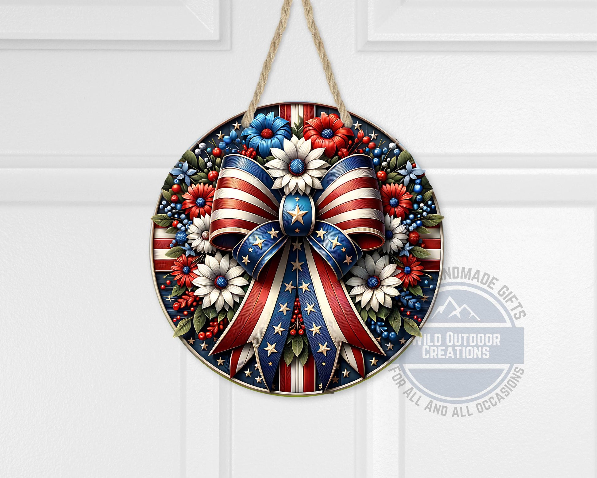 Patriotic Door Hanger – Aluminum Door Sign with American Flag Bow & Floral Design - additional angle