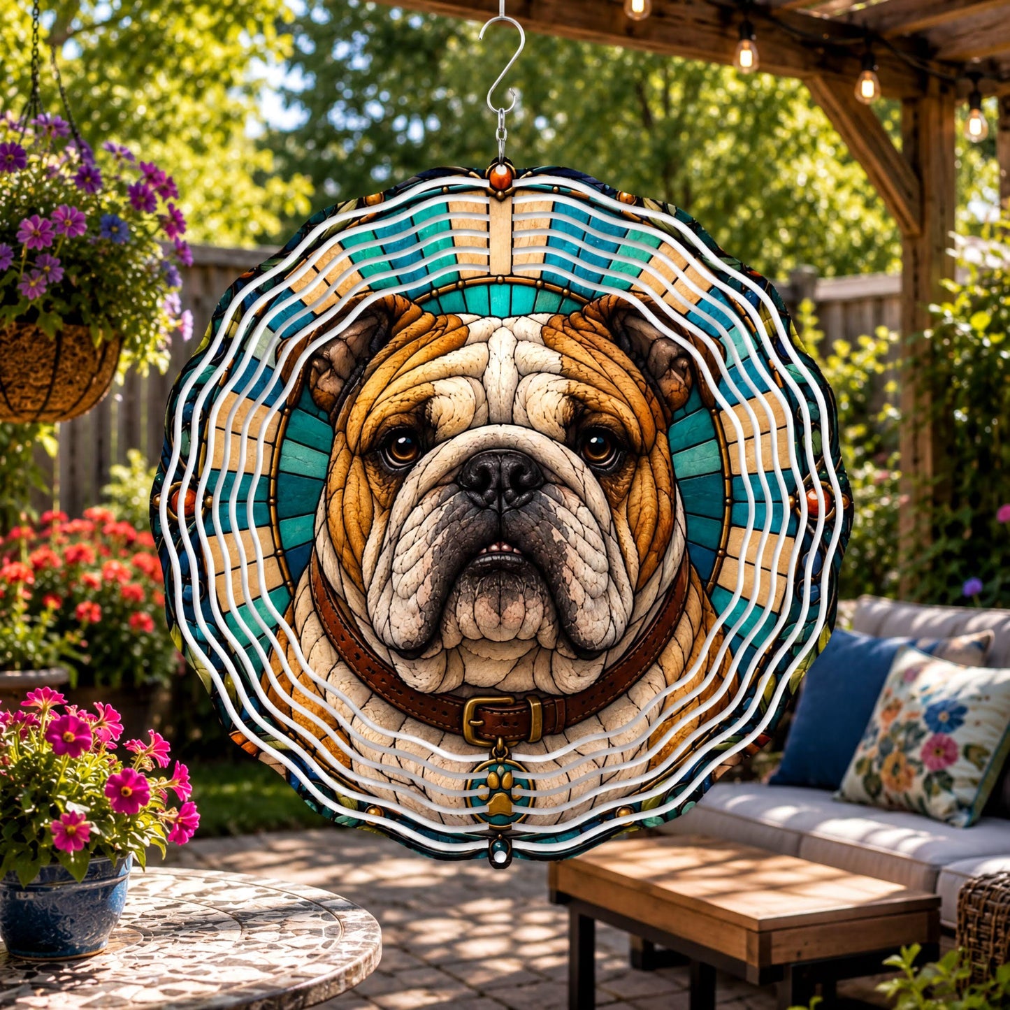 English Bulldog Wind Spinner Mosaic Art Dog Lover Gift Garden Yard Decor