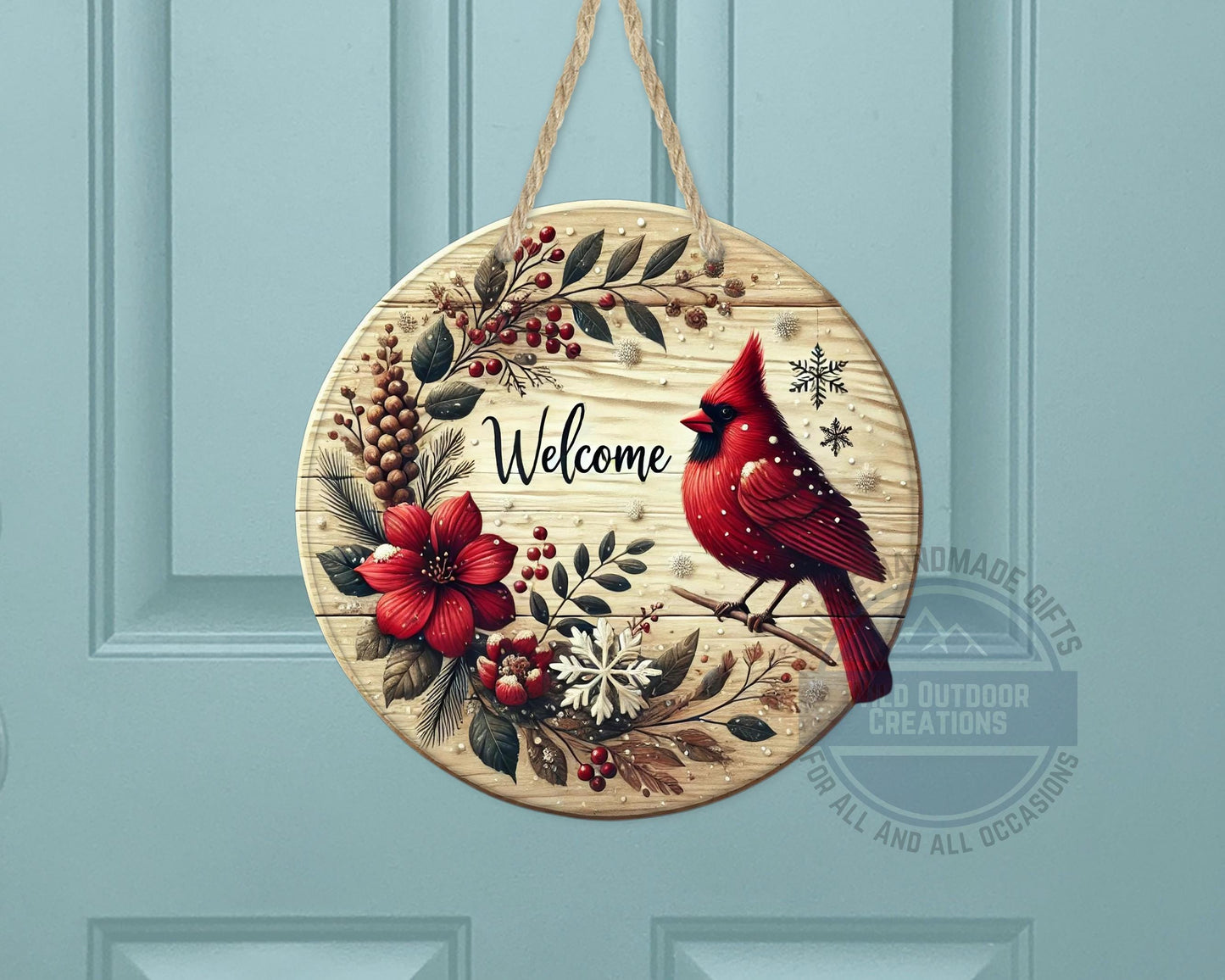 Cardinal Door Hanger - Winter Floral Wreath | Lightweight Aluminum Holiday Porch Sign - displayed on front door