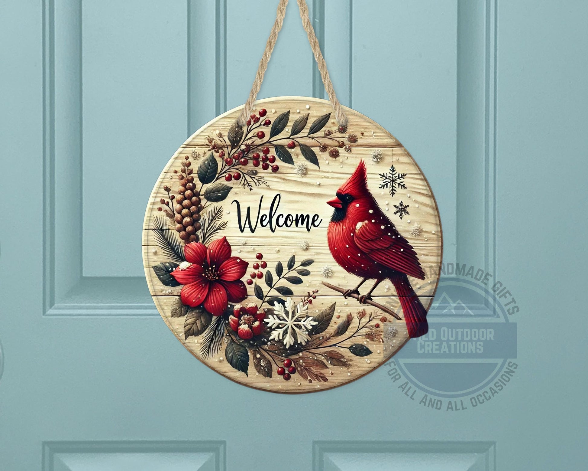 Cardinal Door Hanger - Winter Floral Wreath | Lightweight Aluminum Holiday Porch Sign - displayed on front door