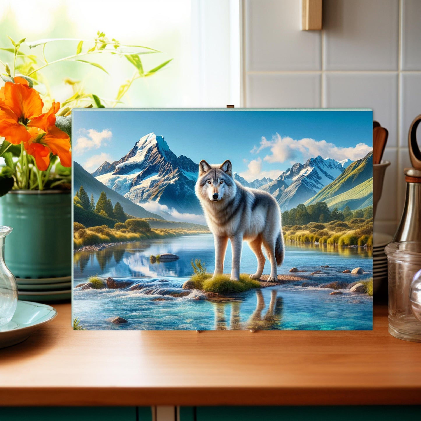 Wolf Art Cutting Board with Snow Capped Mountains  Perfect Gift for Nature Lovers