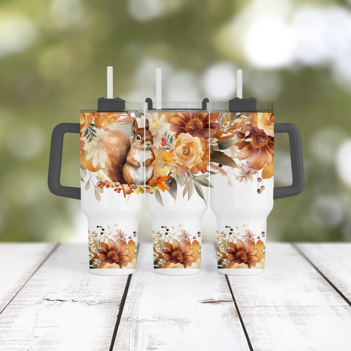 40 Oz Tumbler With Handle, Squirrel Fall Floral Woodland Cup Gift