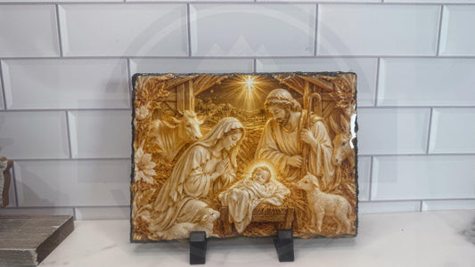 Nativity Scene Slate Plaque, Christmas Religious Wall Art, Rustic Rock Decor Gift