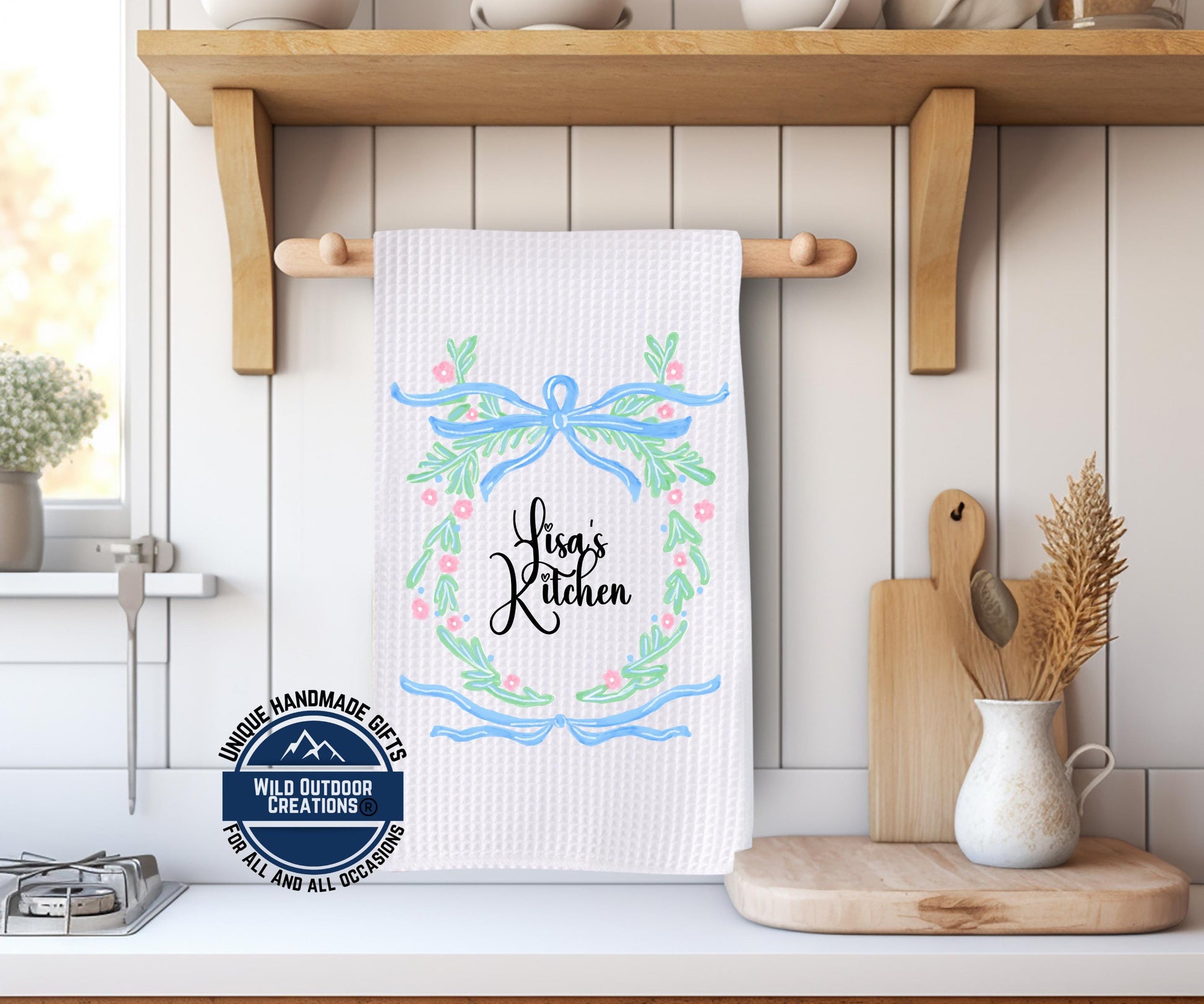 Personalized Kitchen Towel – Custom Name Floral Wreath Waffle Weave Gift - additional product photo 11