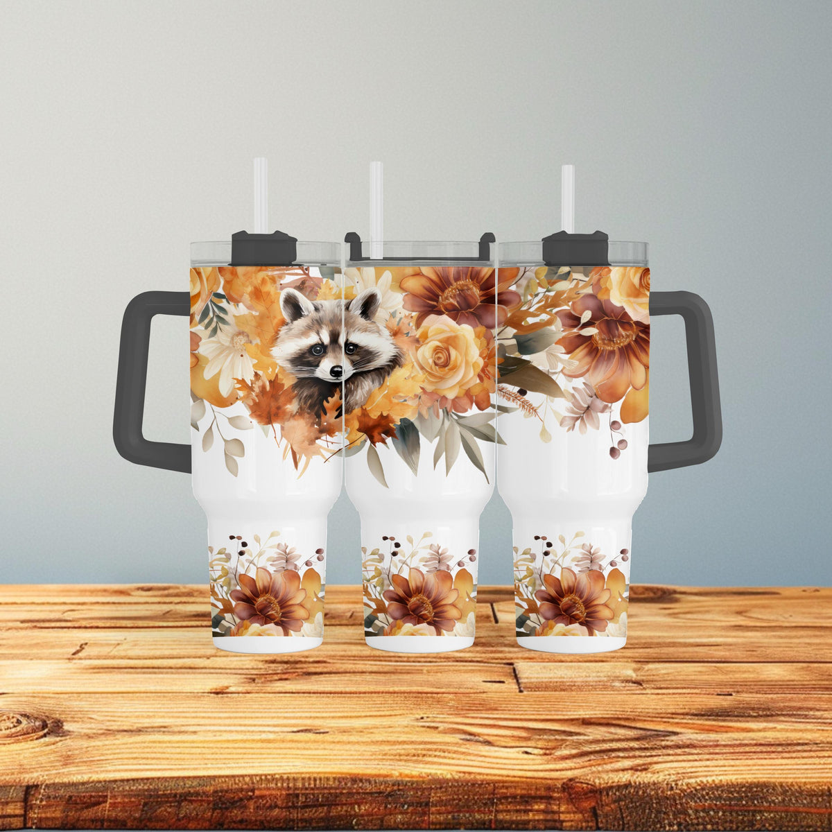 40 Oz Tumbler, Raccoon Fall Floral With Handle, Autumn Mug Gift