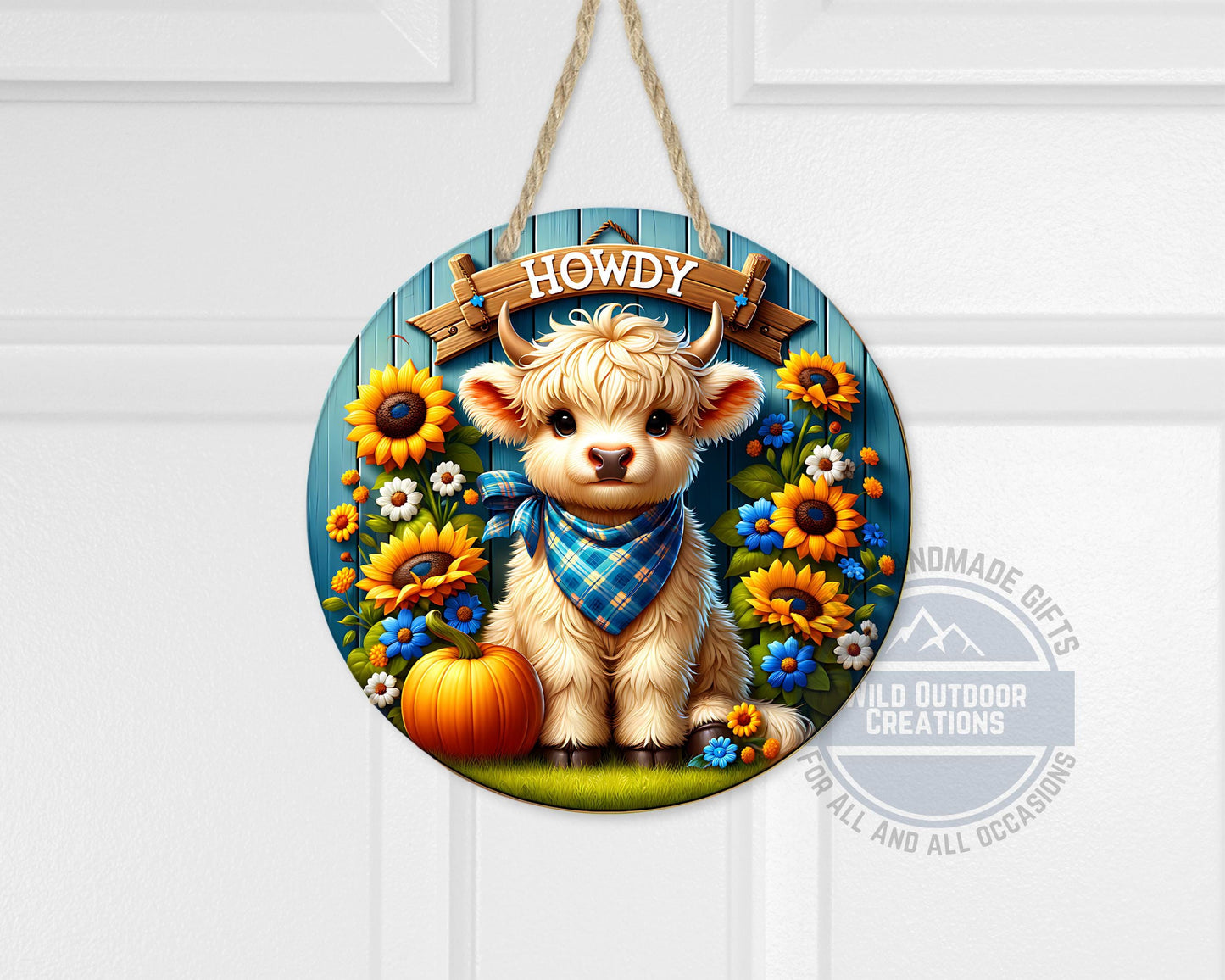 Farmhouse Door Hanger - Aluminum Round Sign with Highland Cow Decor, Blue Plaid - additional angle