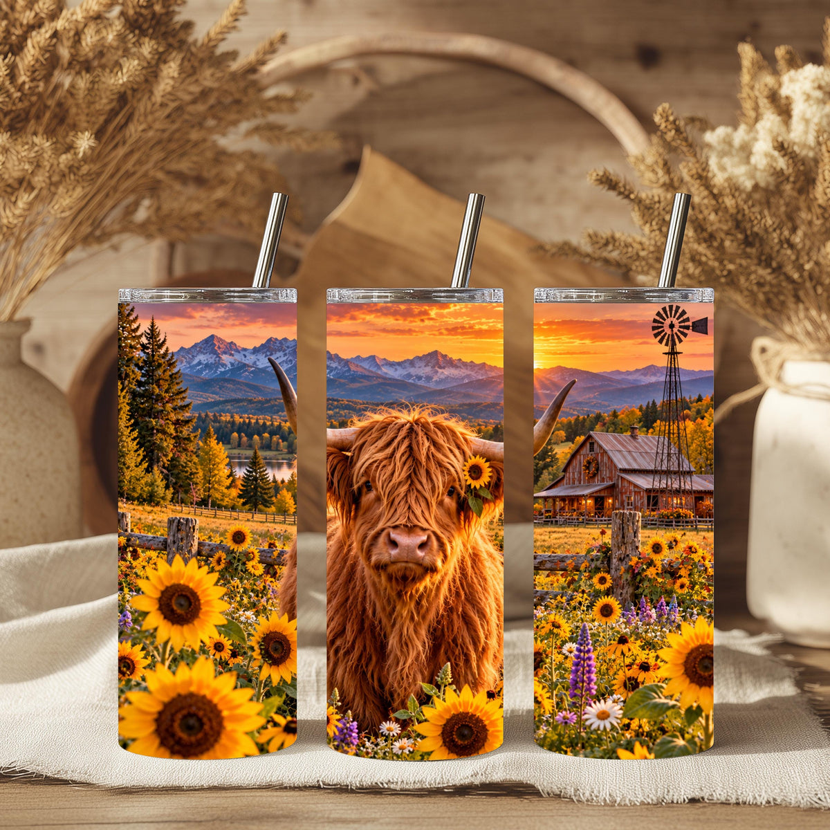 Highland Cow Cup, Sunflower Wrap | 20 Oz Skinny Tumbler Set