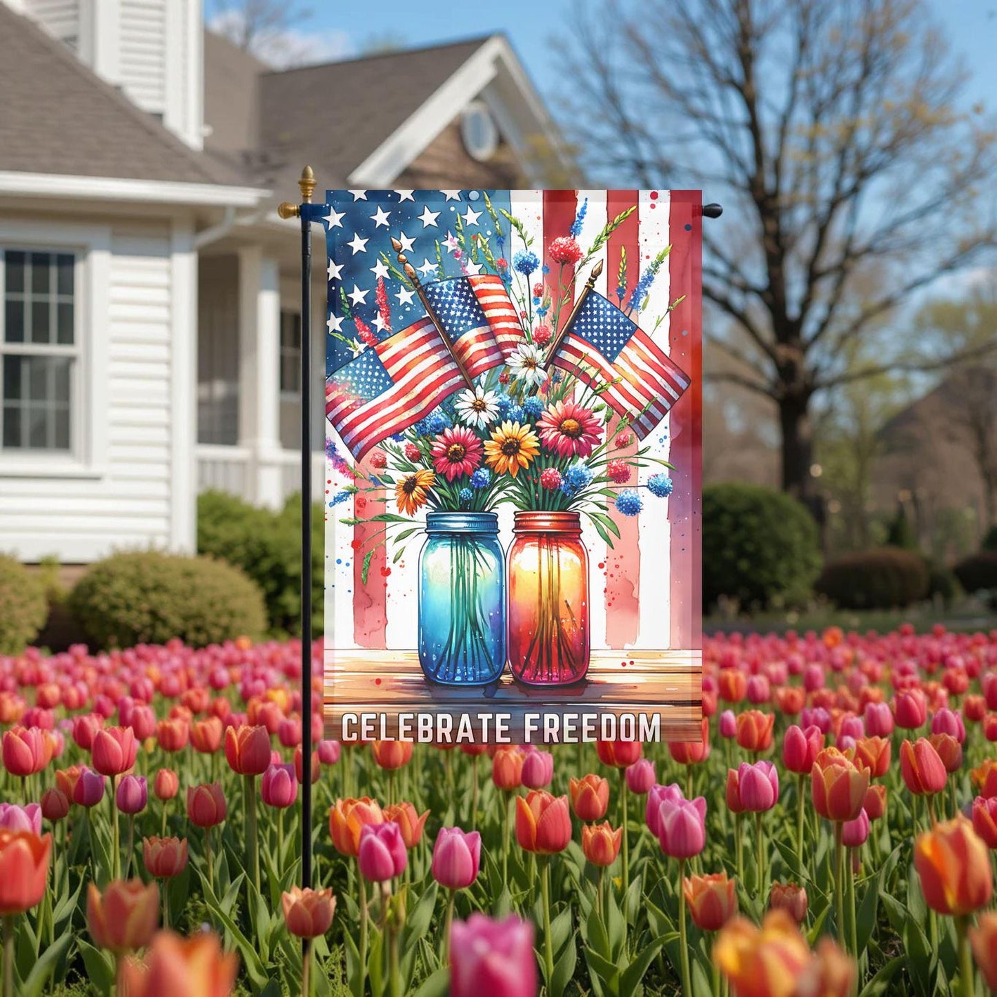 Patriotic Garden Flag – Mason Jar Flowers Floral American 12x18 Outdoor Decor
