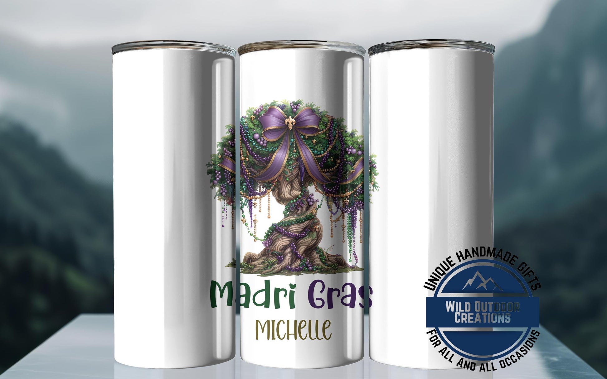 Mardi Gras Skinny Tumbler - Custom Name Glow In Dark Cup | Vacuum Insulated 20oz & 30oz - product dimensions and specifica...