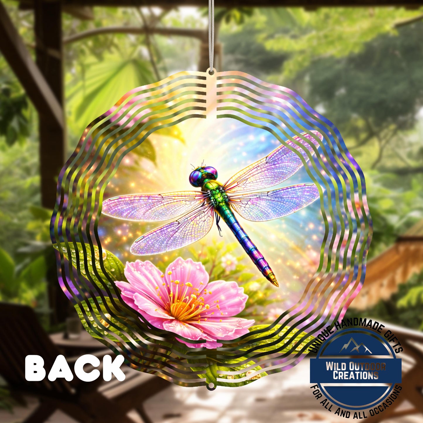Dragonfly Wind Spinner – Double Sided Aluminum 10in | Floral Garden Decor - product dimensions and specifications