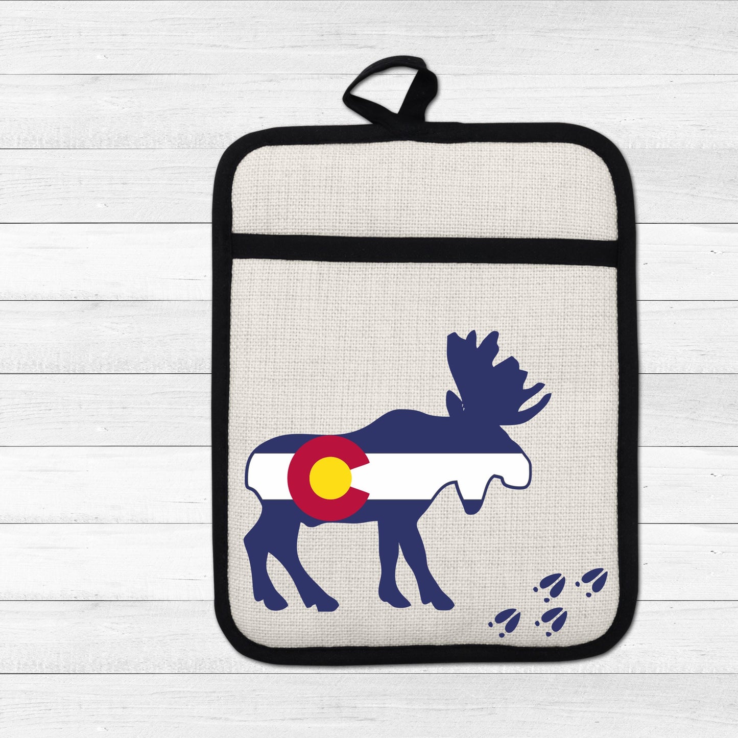 Colorado Moose Pot Holder - Heat Resistant Trivet with Silicone Back & Linen Fabric Front - gift presentation view