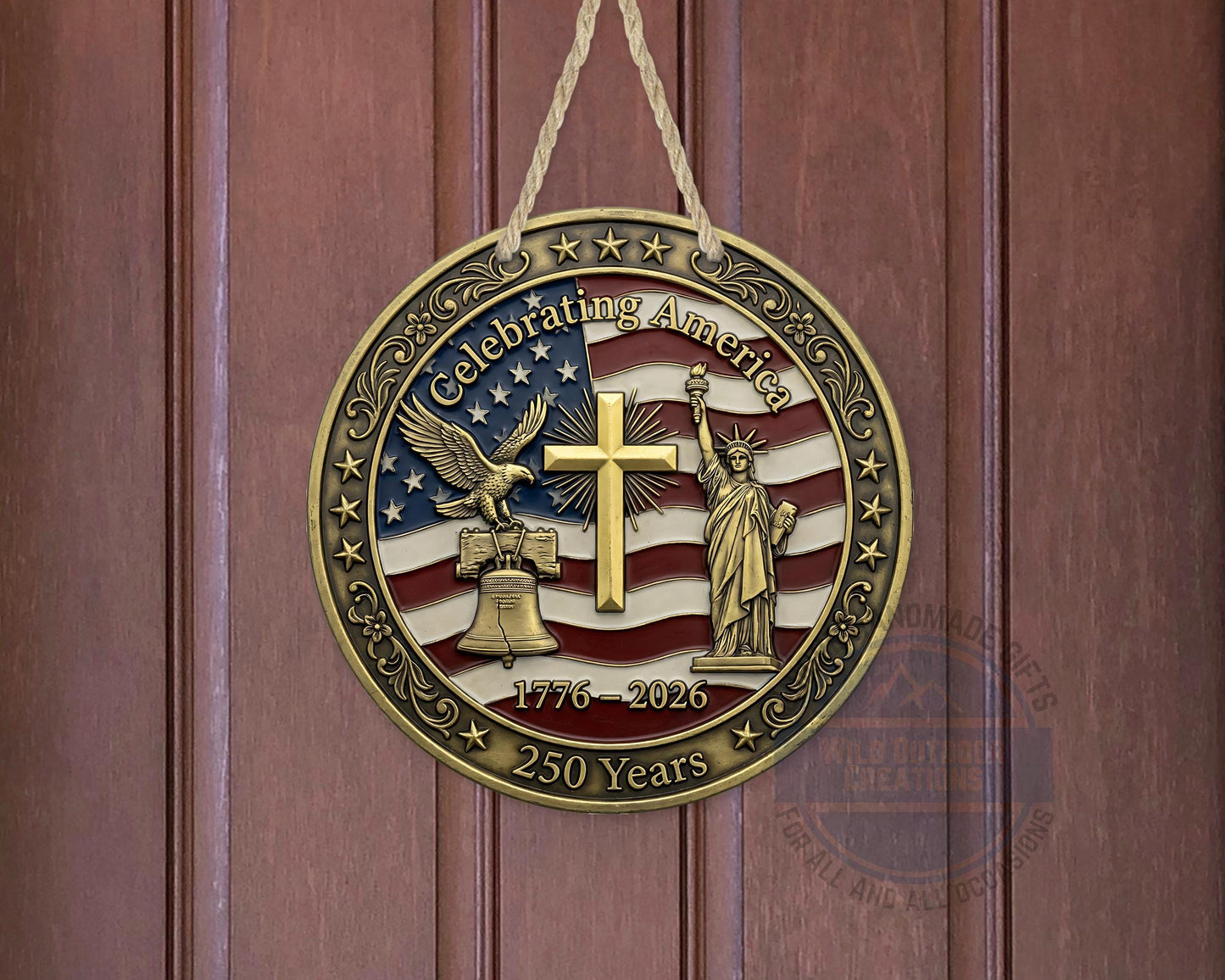 Patriotic Door Decor - America 250 Years Aluminum Door Sign 10" USA Hanger - displayed on front door