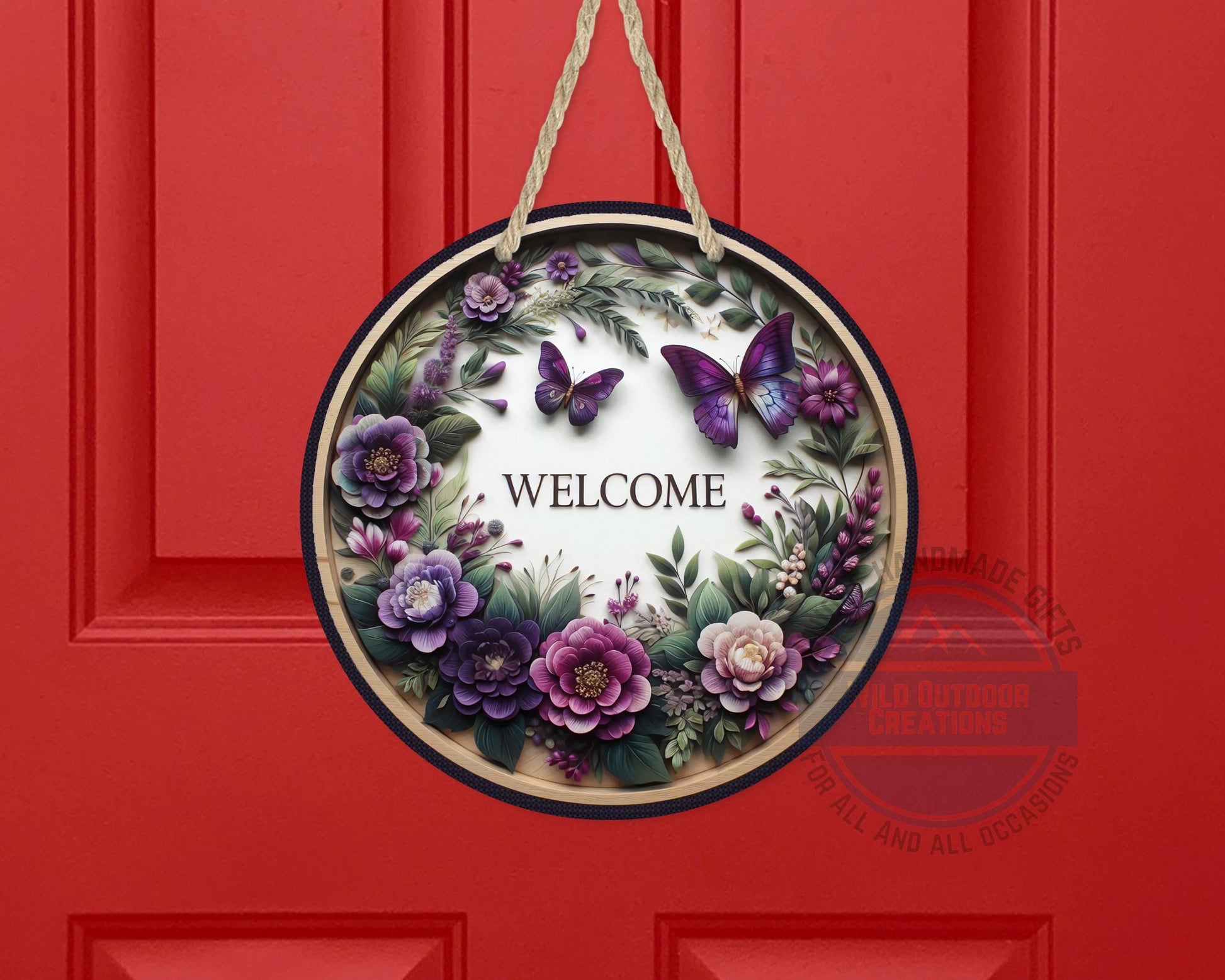 Welcome Door Hanger - Purple Floral Butterfly Porch Sign | Weather Resistant Aluminum - alternate view