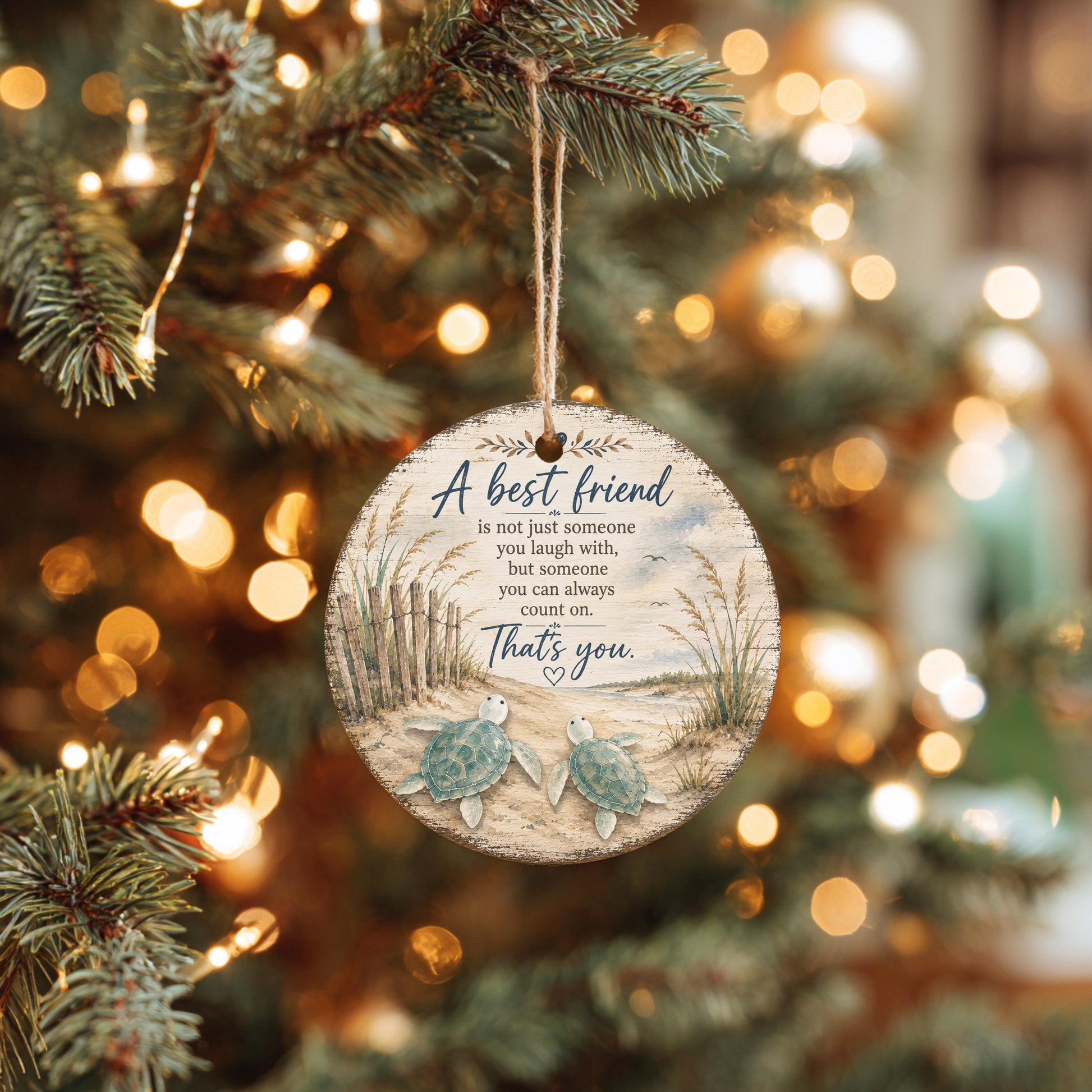 A round ornament hanging from a Christmas tree, featuring a beach scene with two turtles and a message about a best friend.