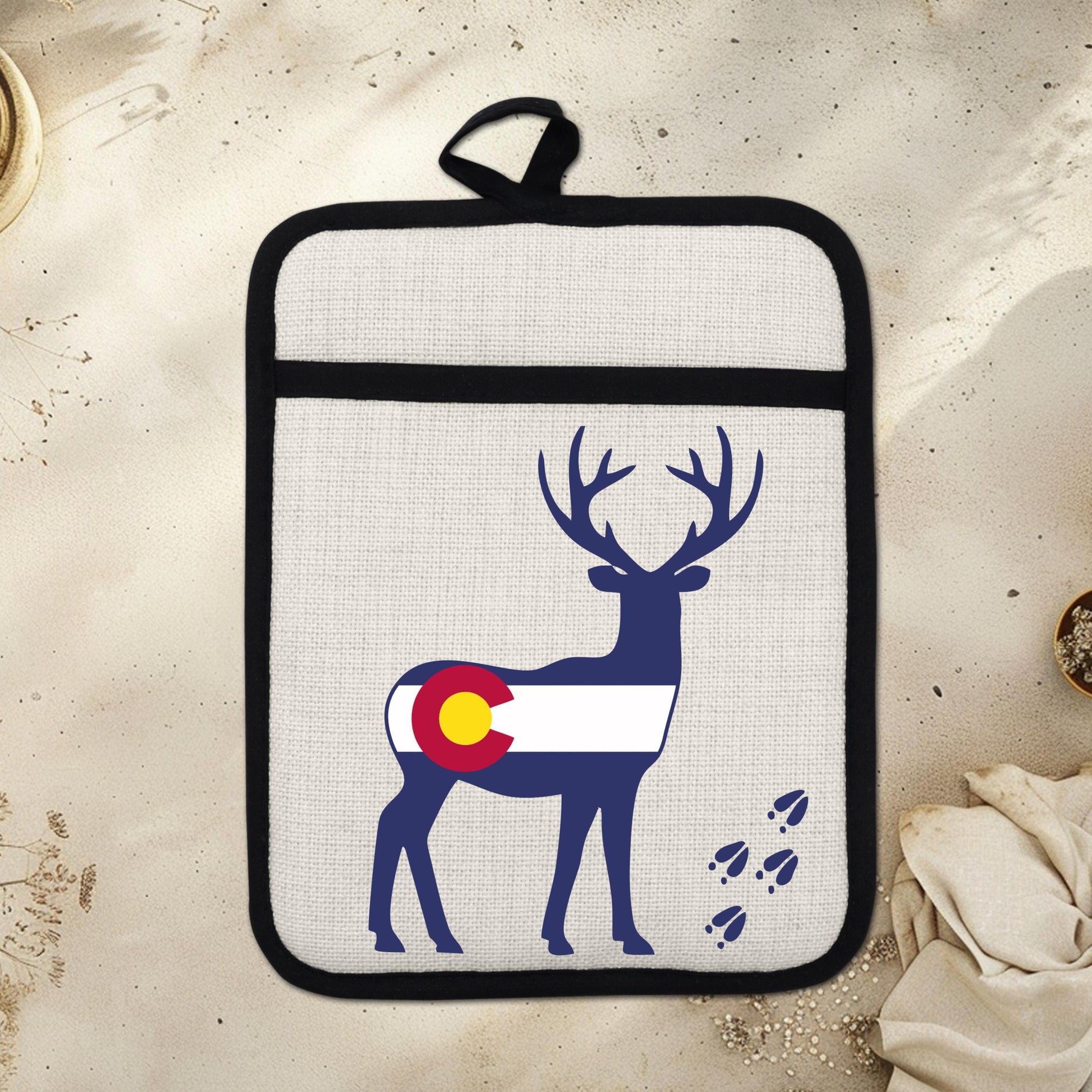 Colorado Deer Pot Holder - Linen Fabric, Silicone Back Trivet with Pocket Grip - lifestyle view