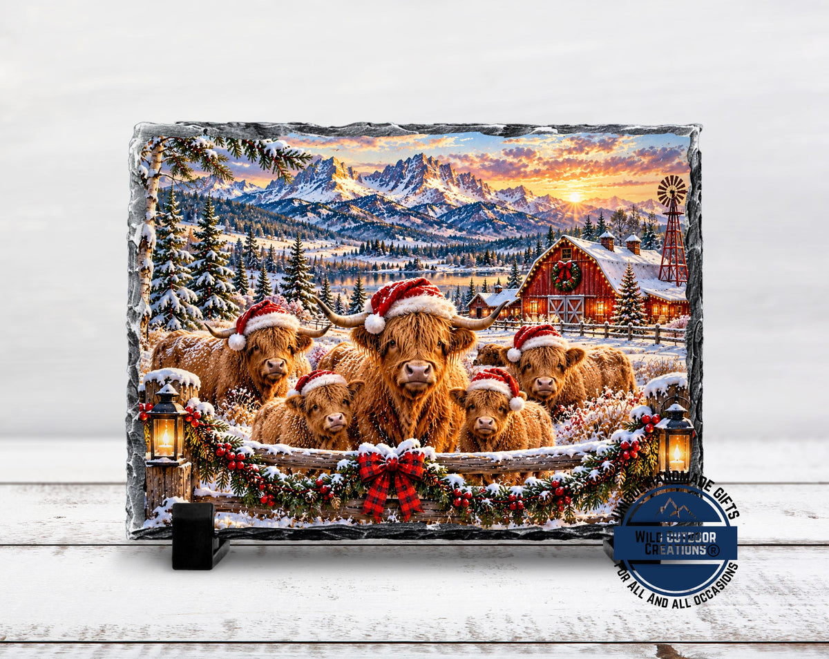 Highland Cow Decor, Christmas Slate Plaque, Santa Hat Cow Family