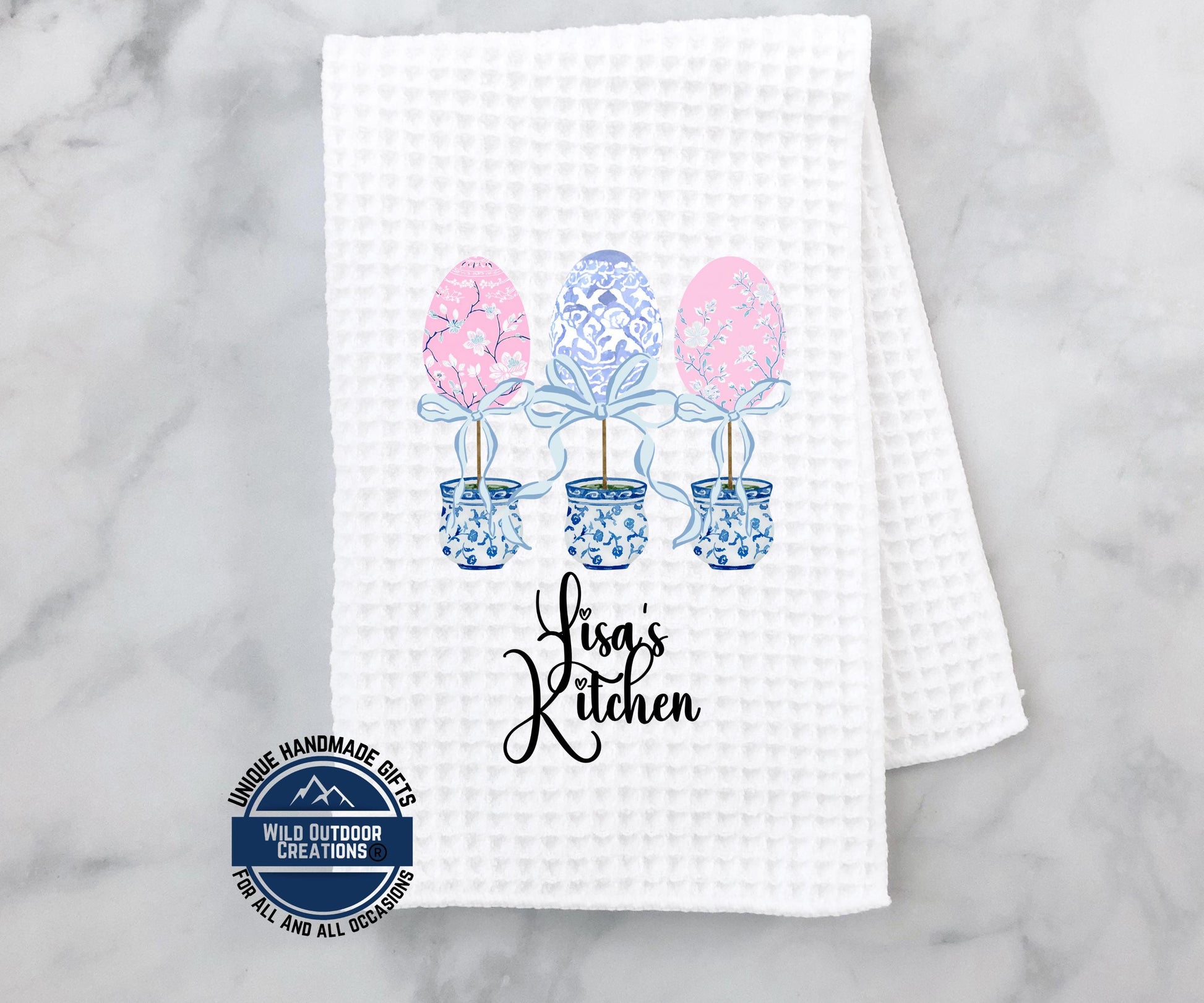 Personalized Kitchen Towel – Easter Egg Topiary Waffle Weave, Custom Name Gift - scale and size reference