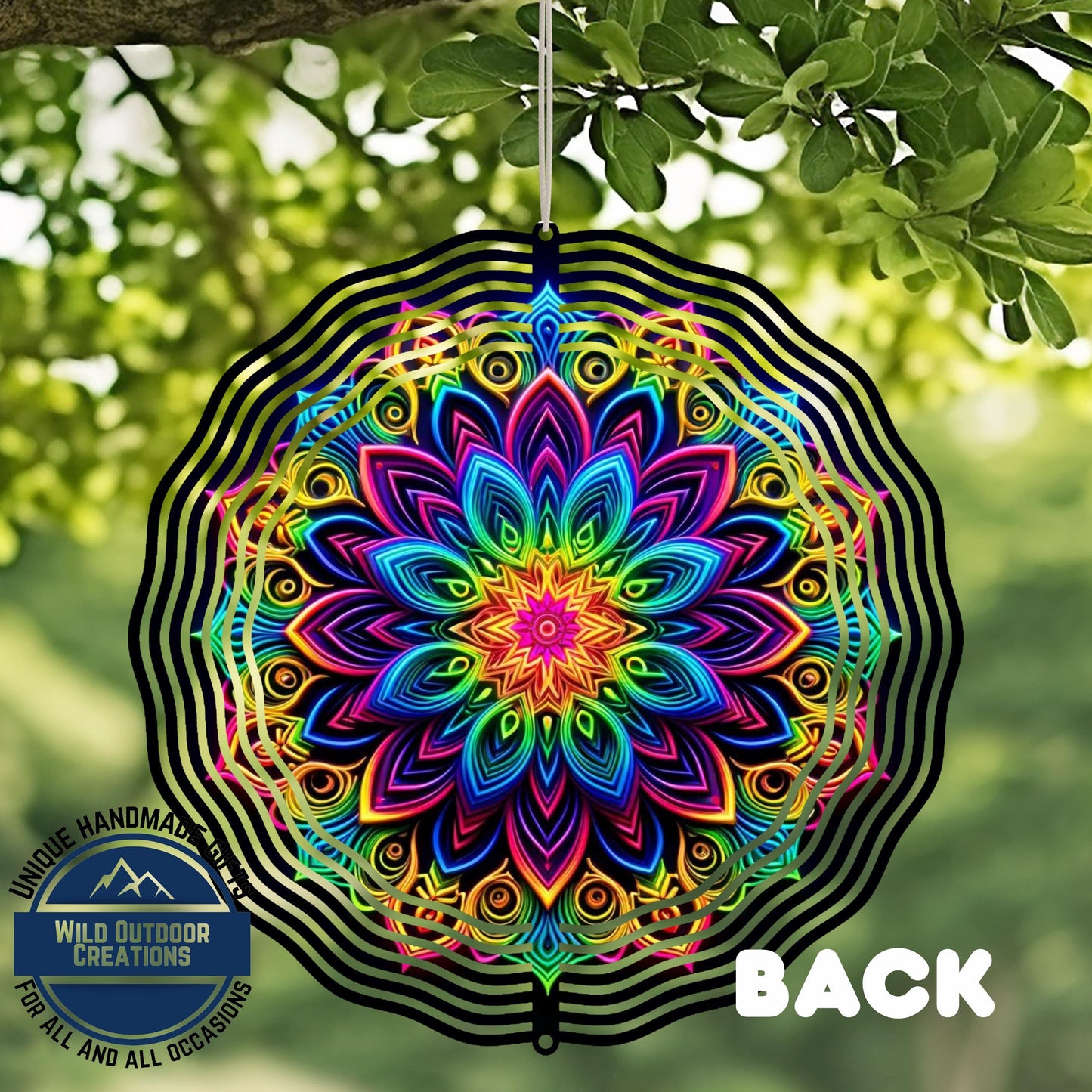 Neon Rainbow Wind Spinner – 10 Inch Mandala Double-Sided Aluminum Yard Art - close-up detail of design