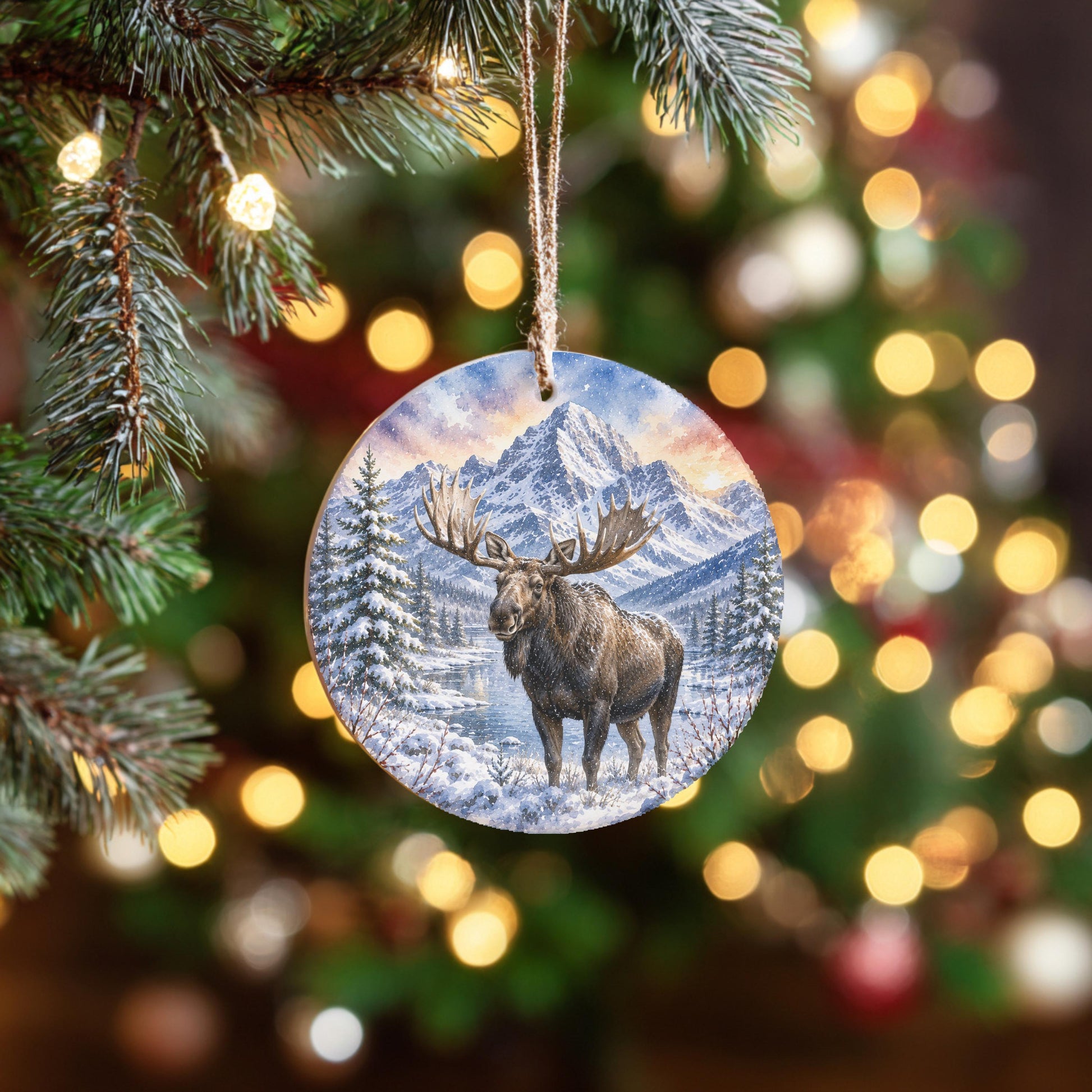 A circular ornament featuring a moose standing in a snowy landscape, with mountains in the background, is hanging on a Christmas tree.