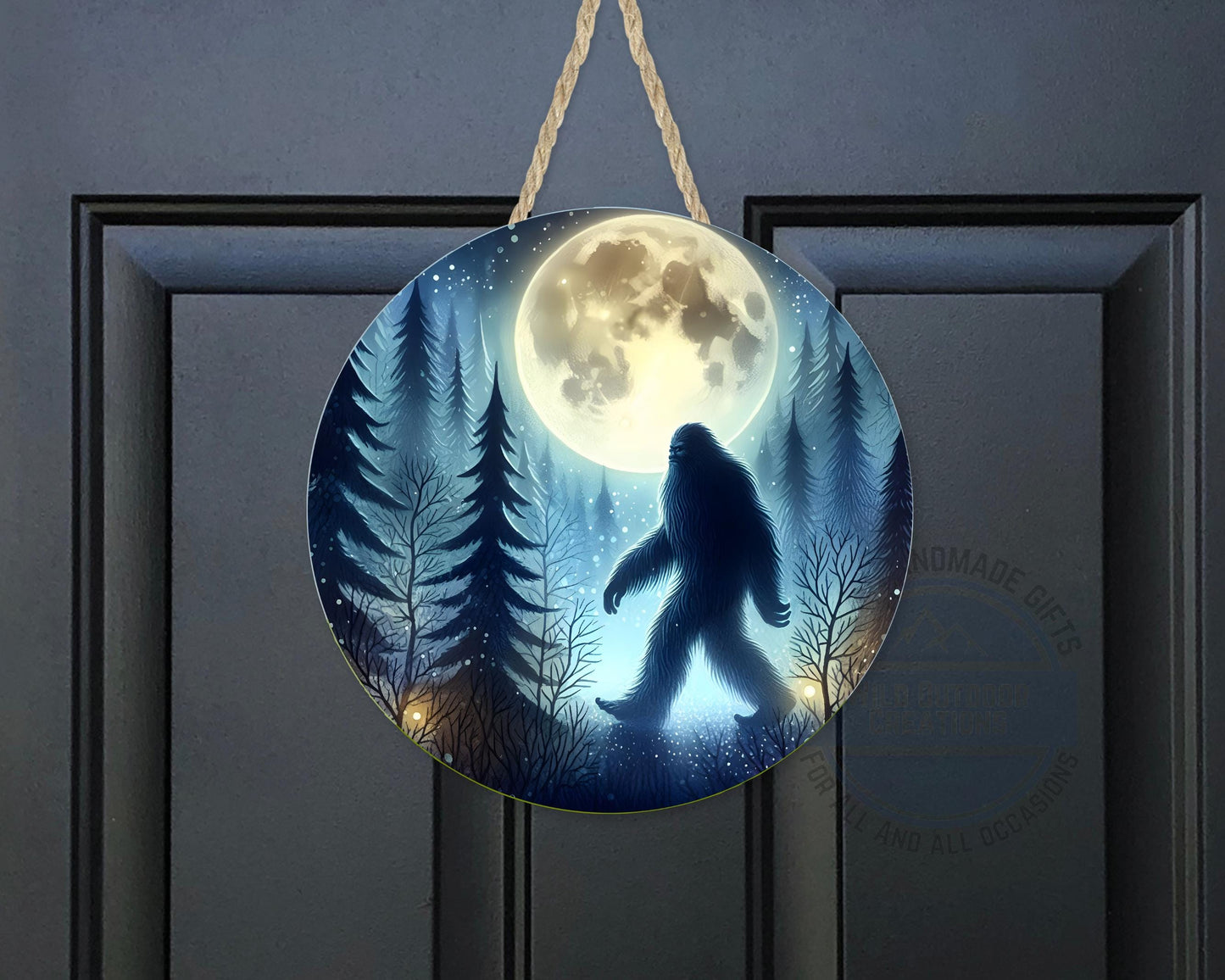 Bigfoot Door Hanger - Aluminum Round Porch Sign With Moonlit Forest Decor - additional product photo 10