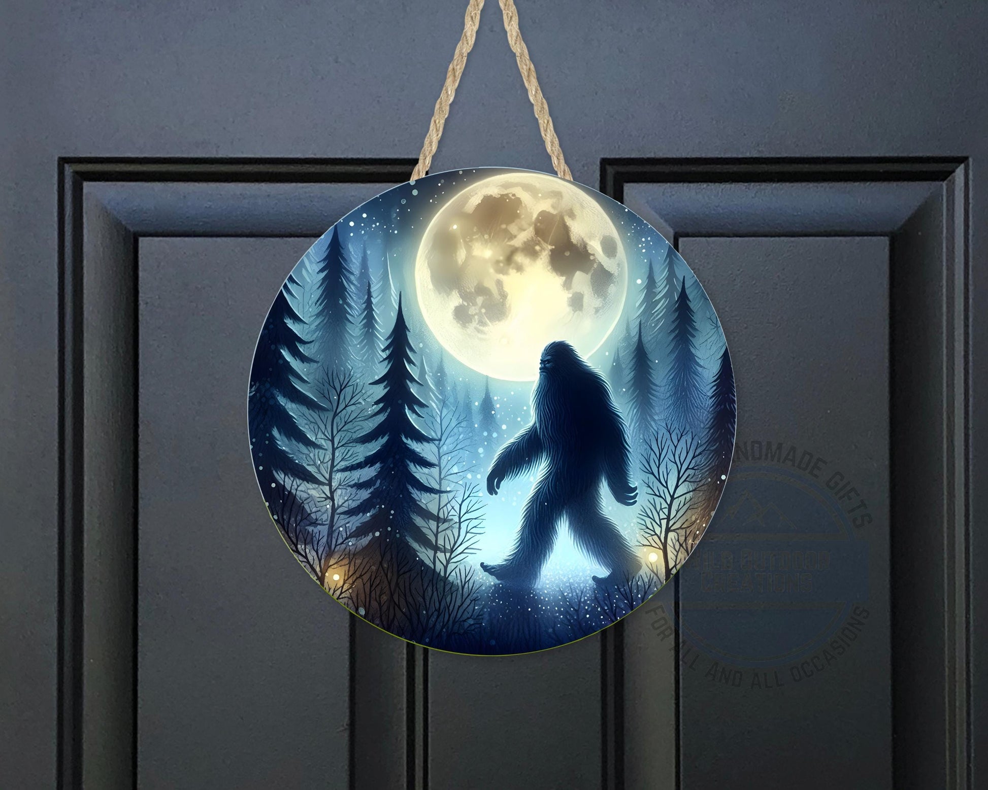 Bigfoot Door Hanger - Aluminum Round Porch Sign With Moonlit Forest Decor - additional product photo 10