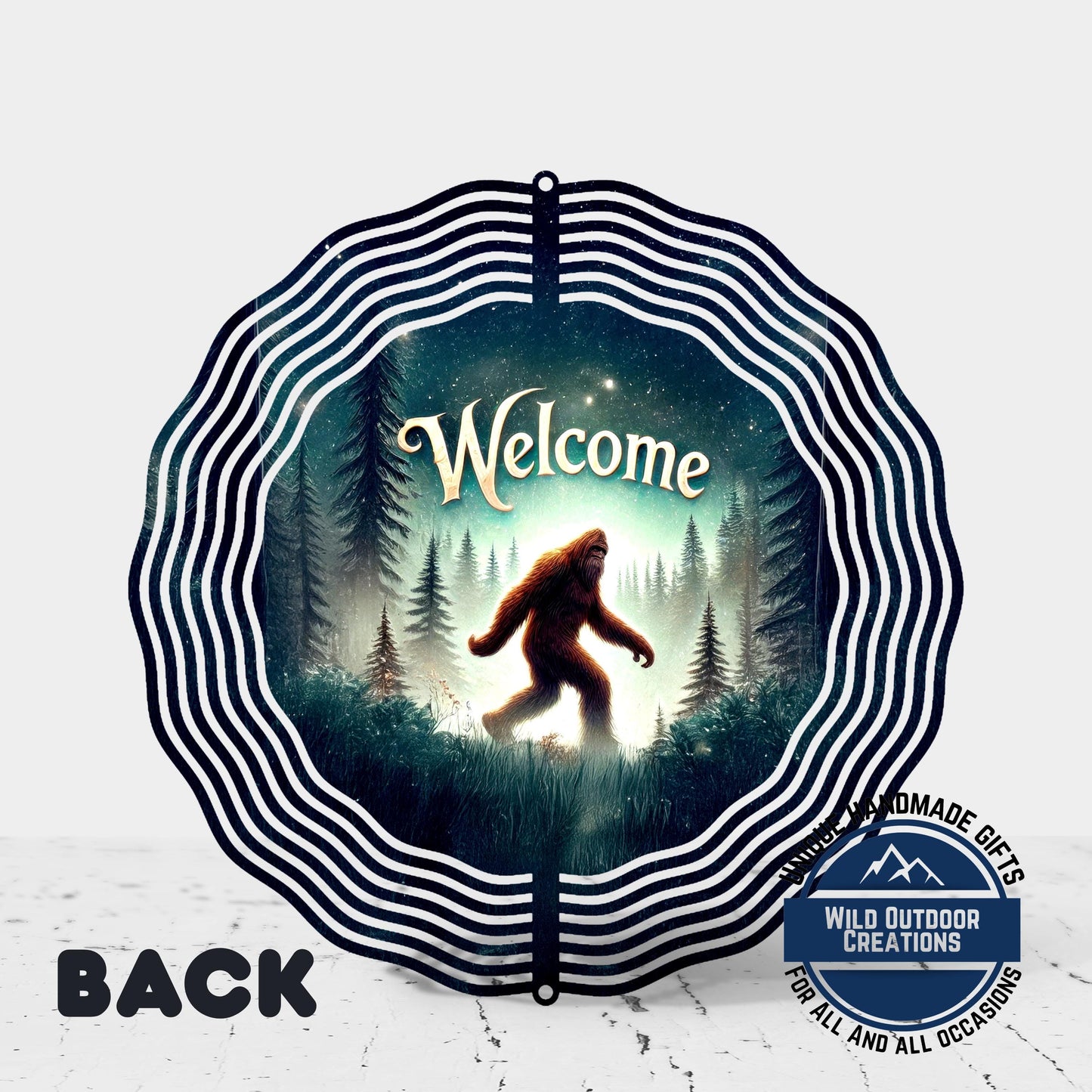 Bigfoot Welcome Spinner - Aluminum Outdoor Wind Spinner, Sasquatch Garden Decor - close up detail