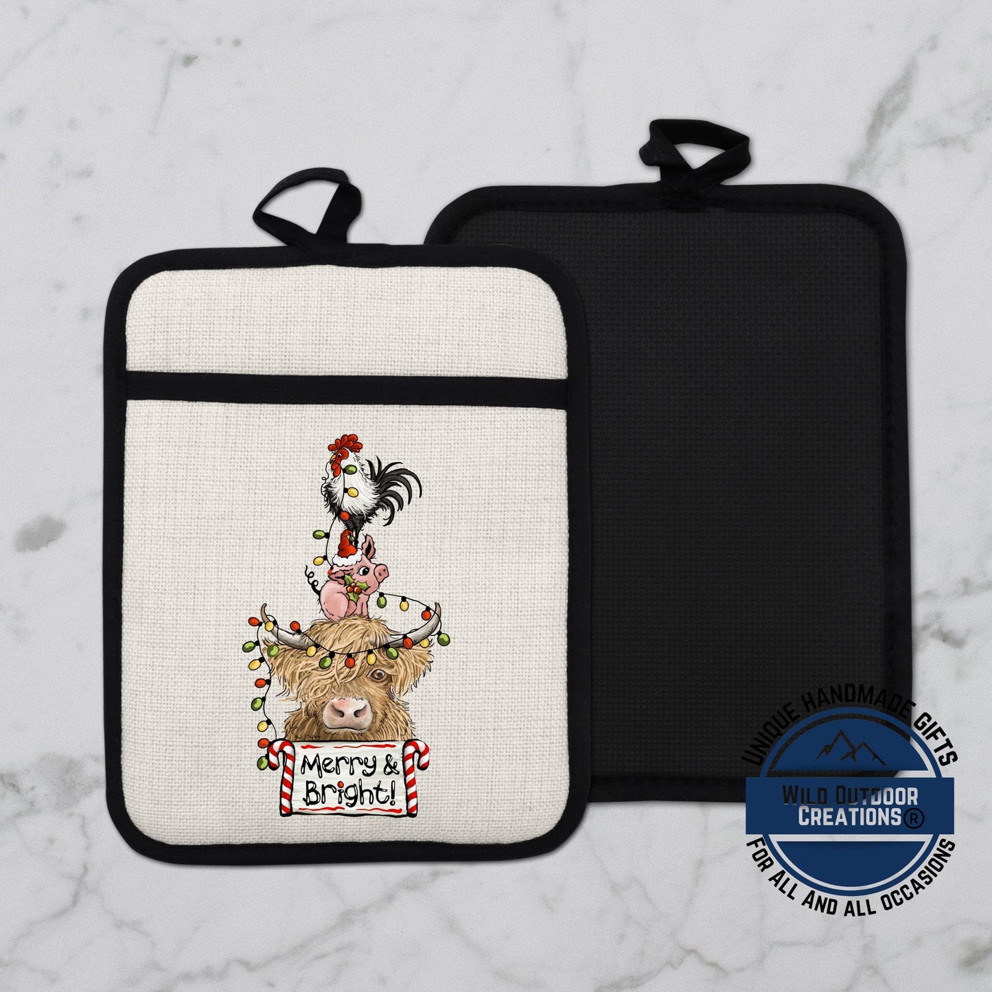 Highland Cow Pot Holder Linen Hot Pad Pig Rooster Merry Bright Kitchen Gift