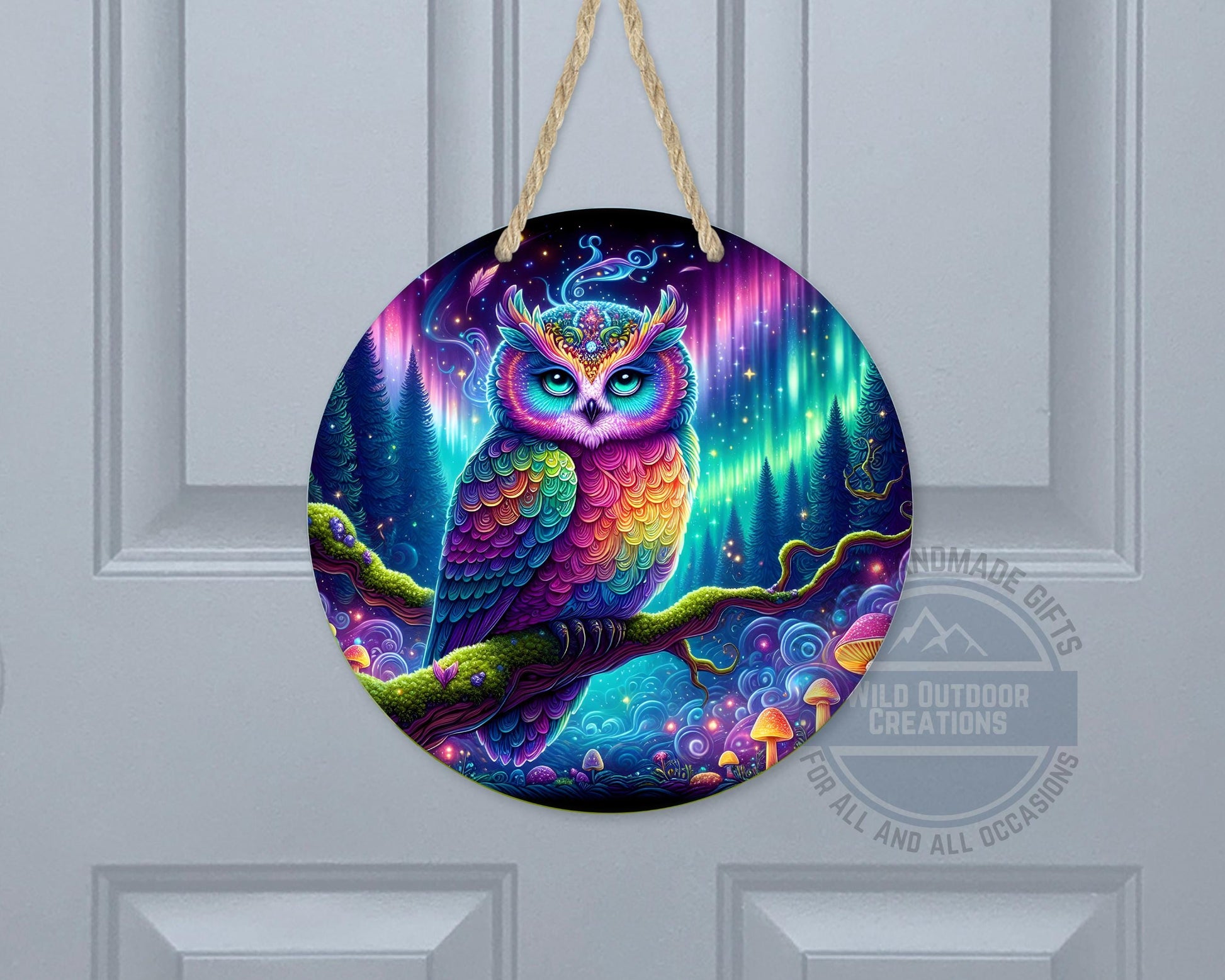 Rainbow Owl Wall Art – Psychedelic Forest Scene | Round Aluminum Sign With Fade Resistant Print - gift presentation view