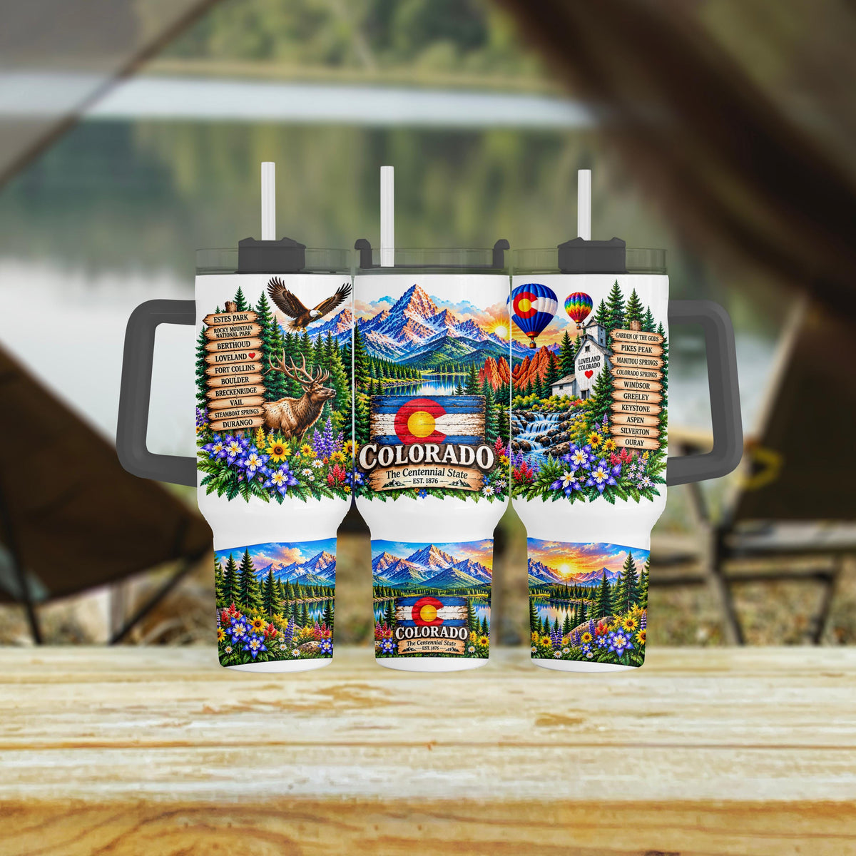 Colorado 40 Oz Tumbler, Handle, Elk, Columbine, Flag Gift Cup Set