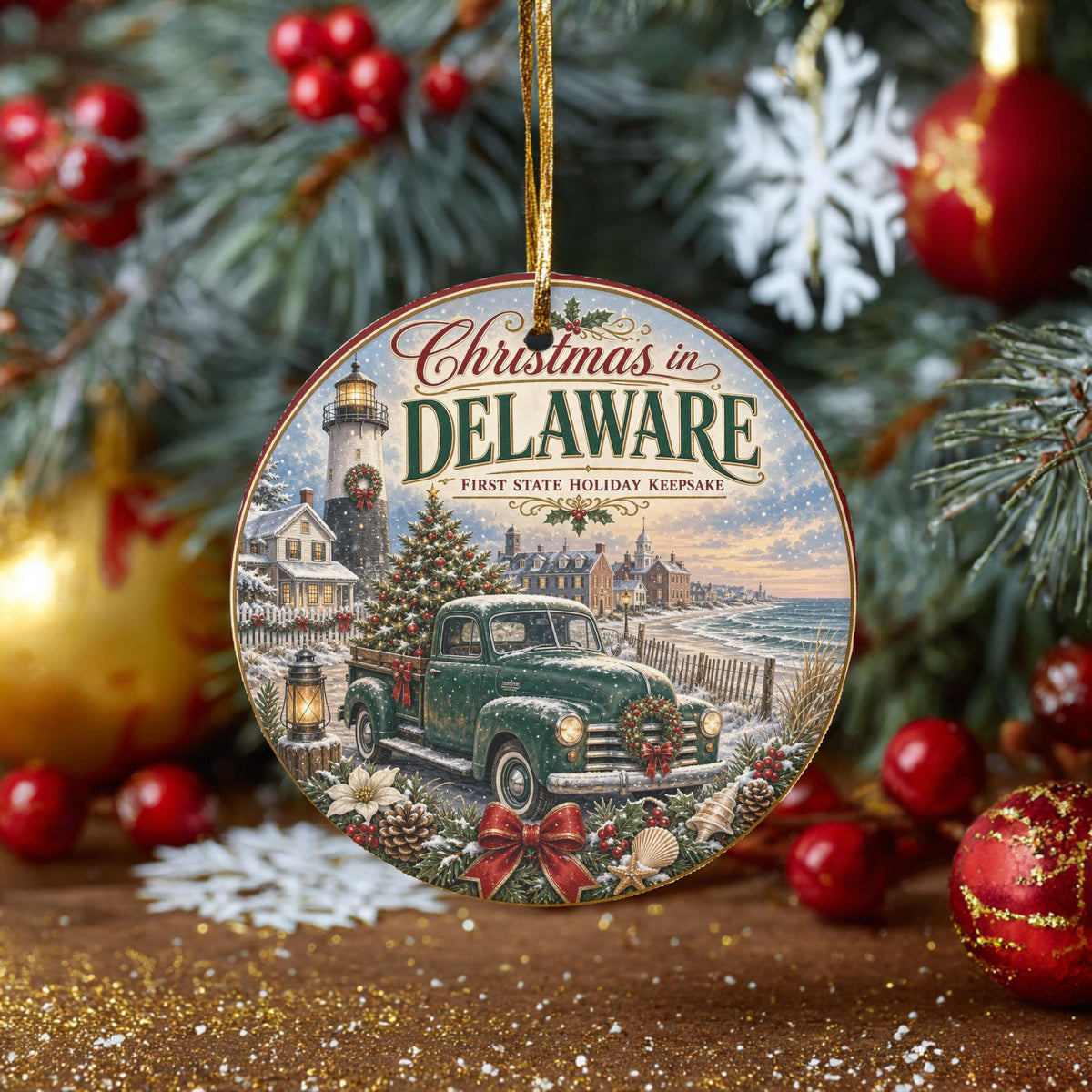 Delaware Christmas Ornament, Coastal Lighthouse Vintage Truck Art