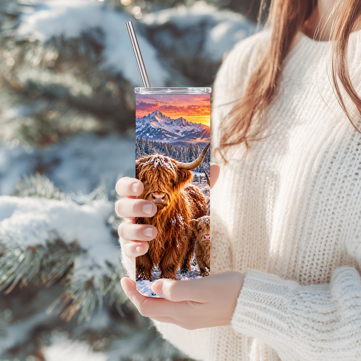 Highland Cow Cup, 20 Oz Skinny Tumbler, Snowy Mountain Cabin Gift