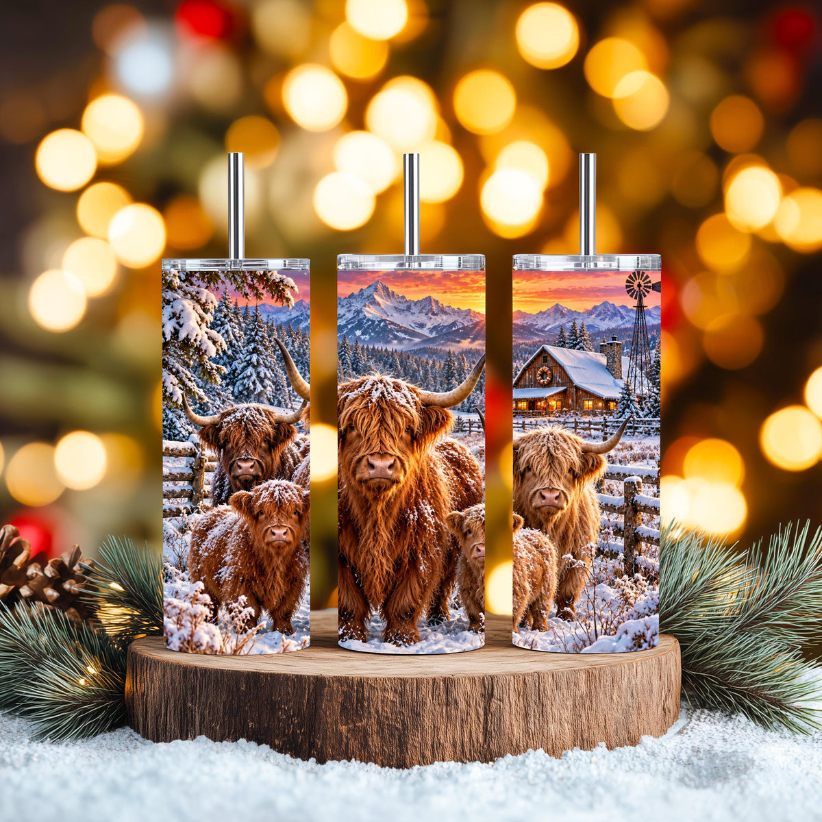 Highland Cow Cup, 20 Oz Skinny Tumbler, Snowy Mountain Cabin Gift