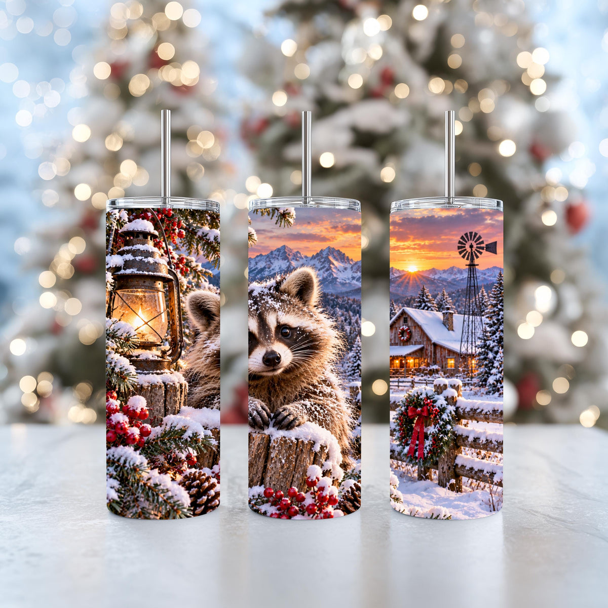 Raccoon Tumbler, 20 Oz Skinny, Snowy Cabin Lantern Holiday Gift
