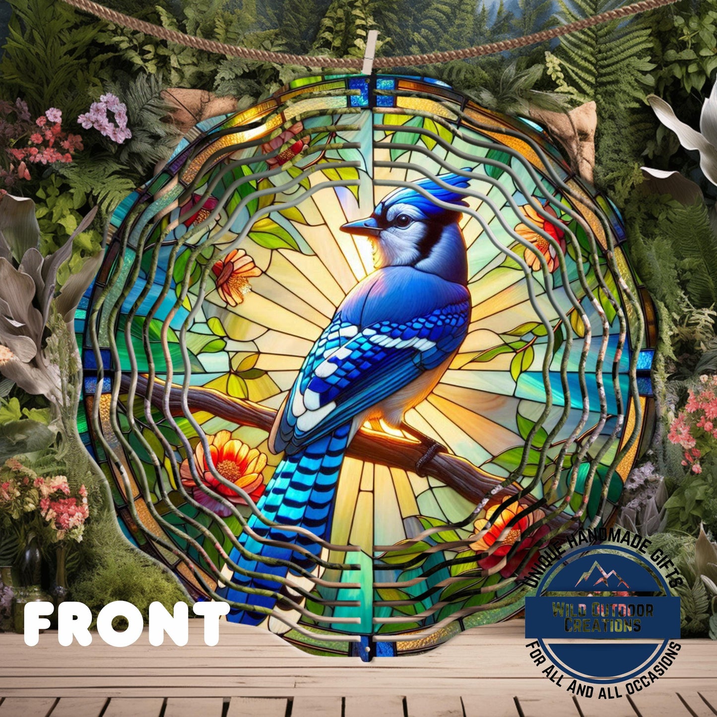 Blue Jay Wind Spinner – 10 Inch Aluminum Garden Spinner with Faux Stained Glass Decor - additional product photo 11