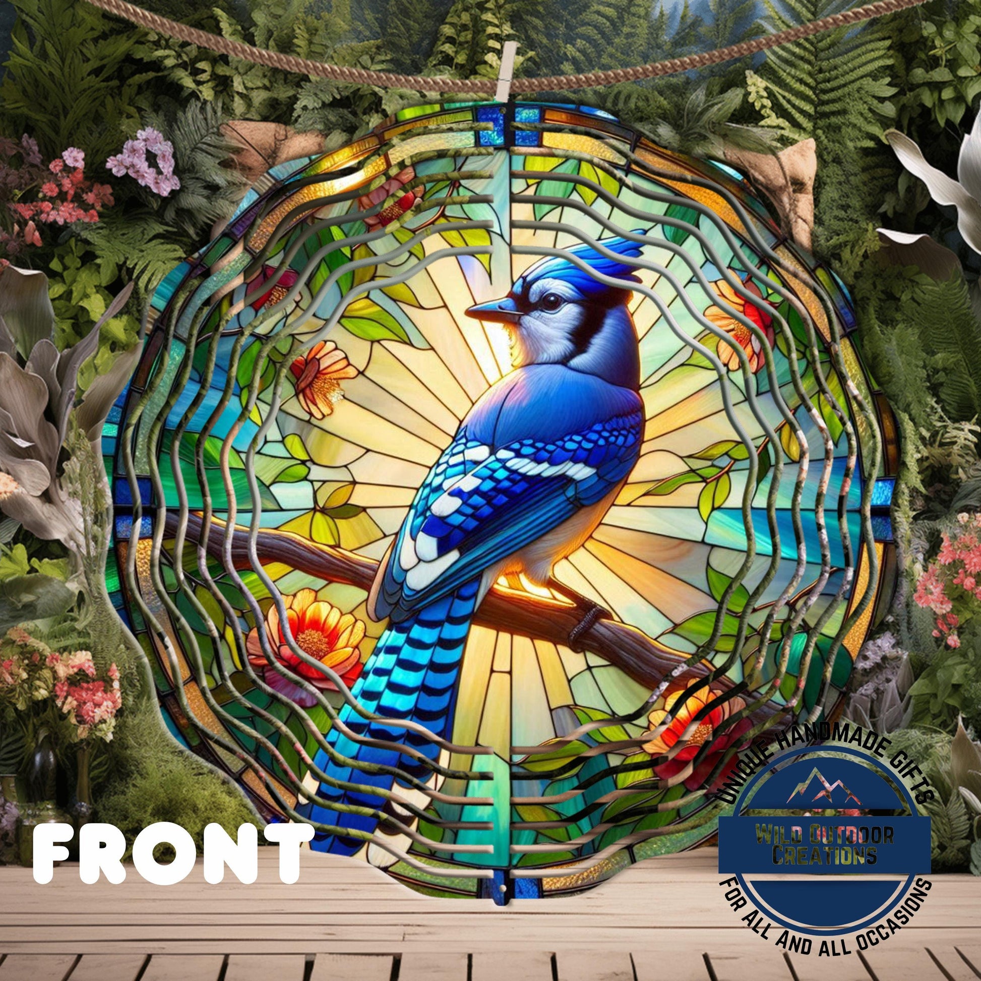Blue Jay Wind Spinner – 10 Inch Aluminum Garden Spinner with Faux Stained Glass Decor - additional product photo 11