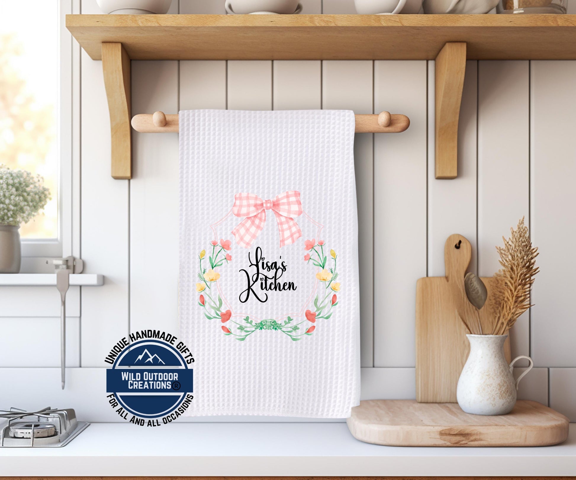 Personalized Kitchen Towel – Custom Floral Wreath Pink Gingham Bow Gift - additional product photo 10