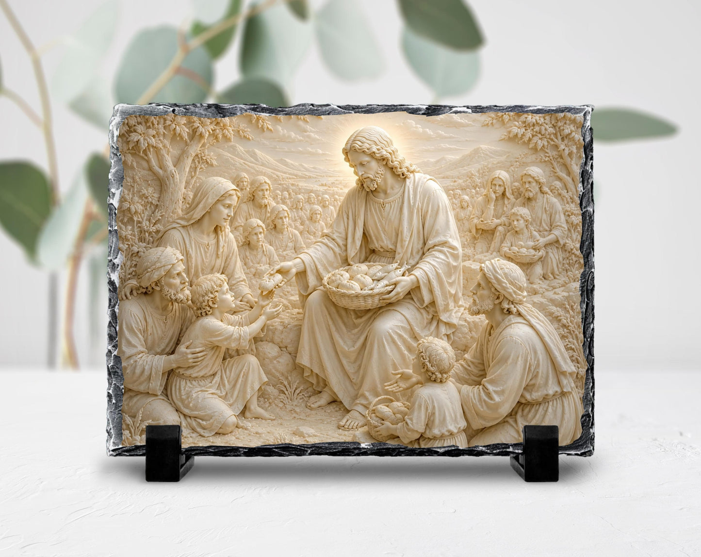 Jesus Feeding the 5000 Slate Plaque, Loaves Fishes Miracle Religious Decor, Christian Gift