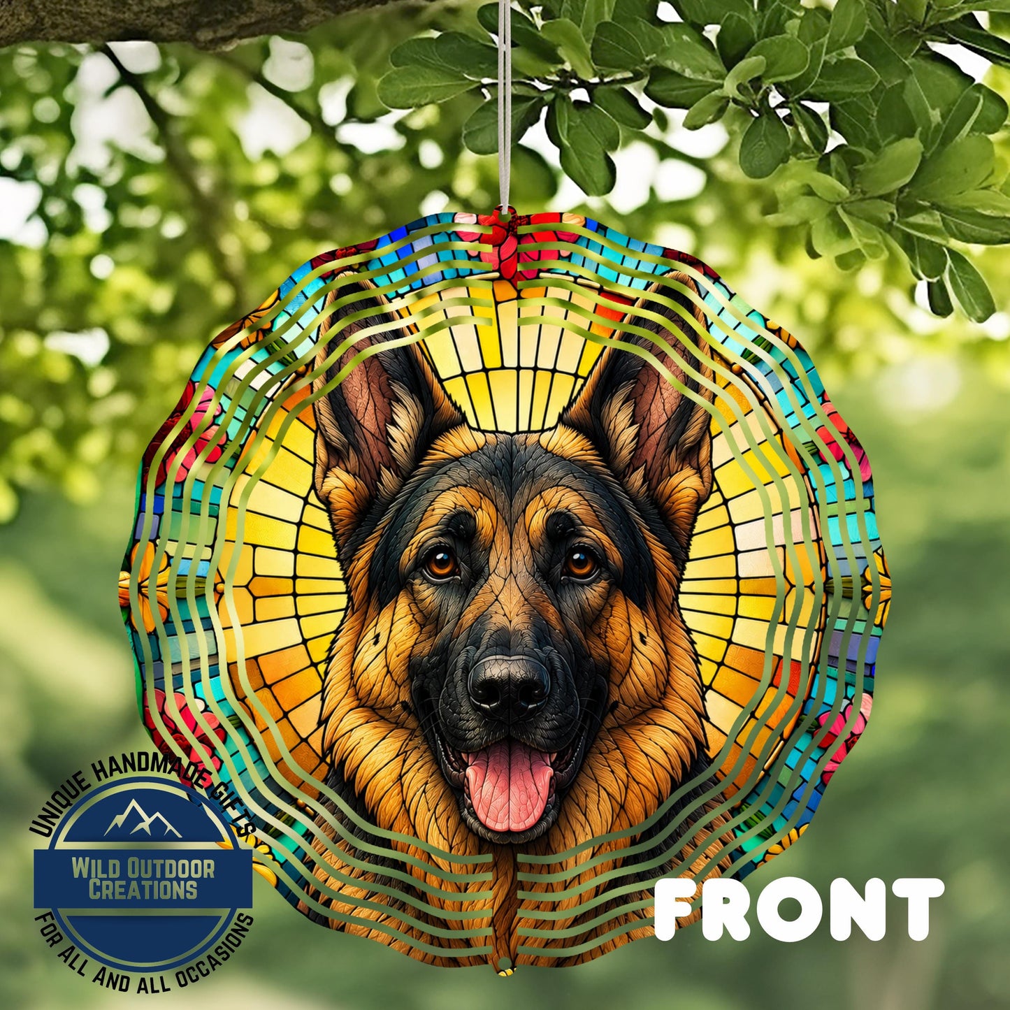 German Shepherd Wind Spinner - 10 Inch Faux Stained Glass Metal Garden Decor
