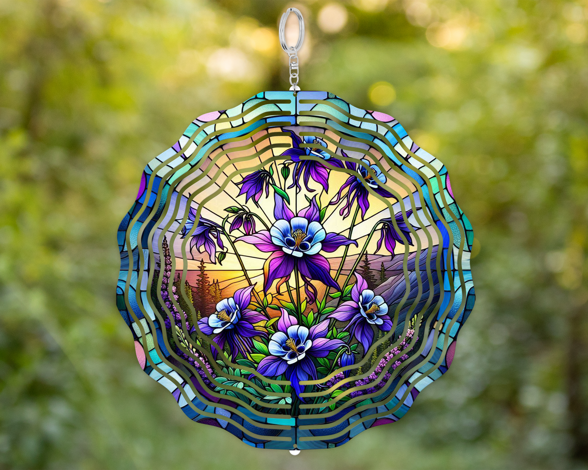 Handcrafted 3D Wind Spinner with Purple Columbines - Faux Stained Glass Art