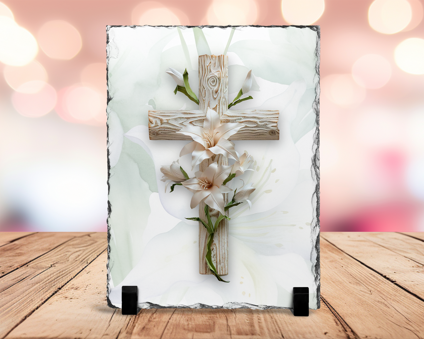 Wooden Cross Slate Plaque with Easter Lily - Religious Home Decor