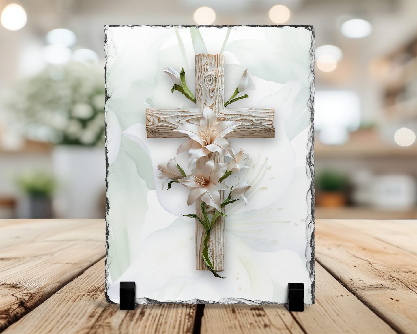 Wooden Cross Slate Plaque with Easter Lily - Religious Home Decor