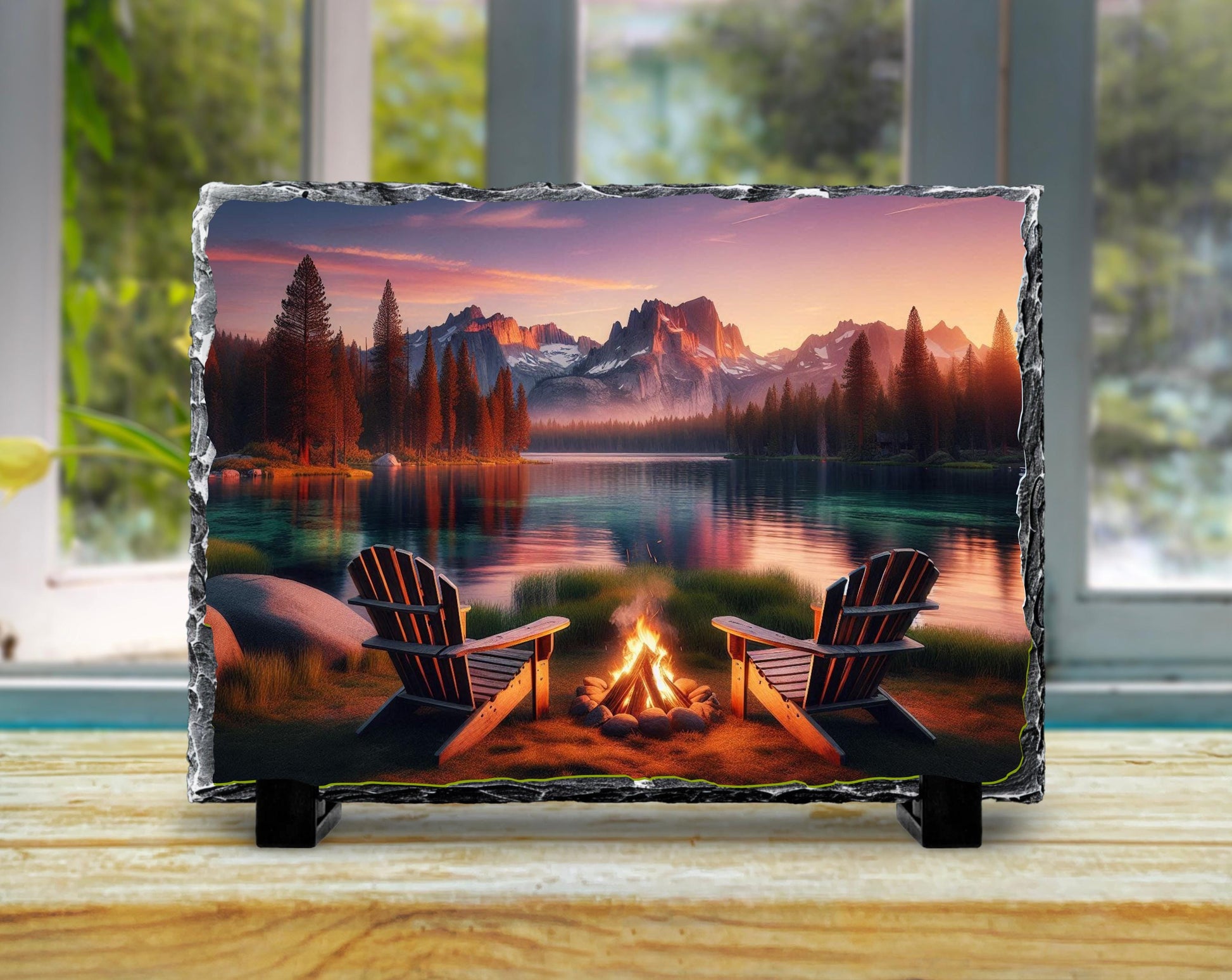 Lake House Decor Rustic Cabin Slate Art - Mountain Campfire Scene Plaque - packaging and presentation