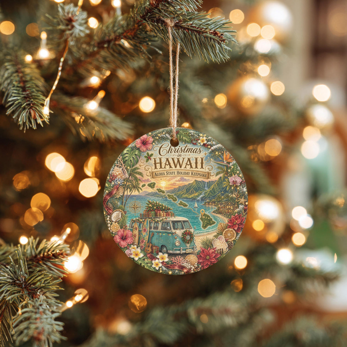 Hawaii Ornament, Vintage Van Aloha State Keepsake, 3 Inch Ceramic