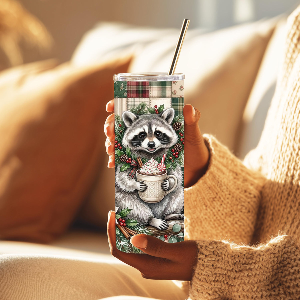 Raccoon Tumbler, 20 Oz Skinny, Plaid Patchwork Hot Cocoa Holiday