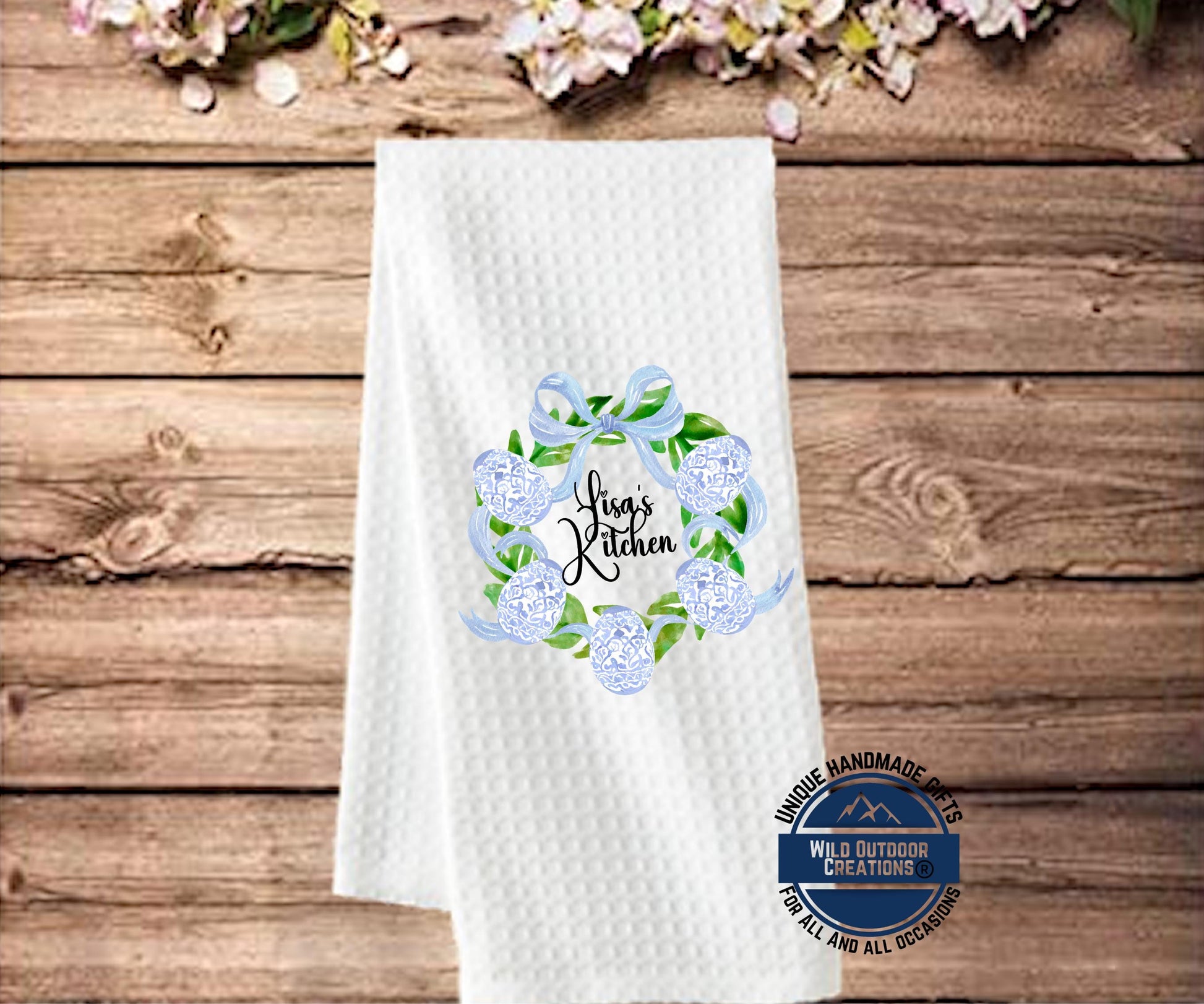 Personalized Easter Towel – Custom Name Kitchen Towel With Blue Chinoiserie Wreath - additional product photo 14