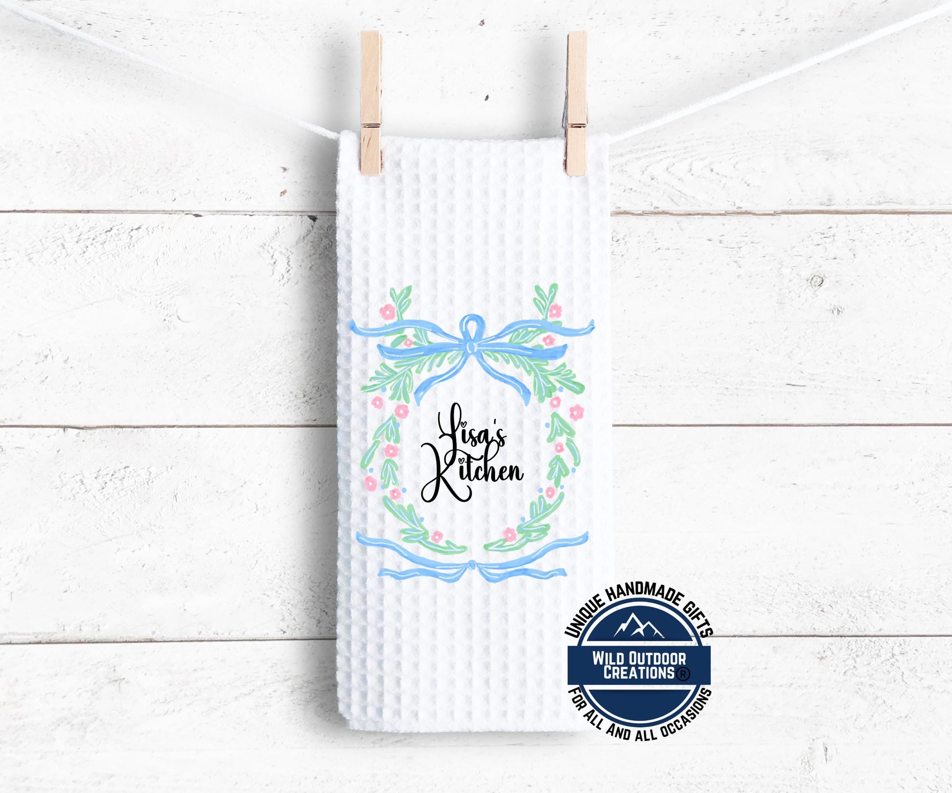 Personalized Kitchen Towel – Custom Name Floral Wreath Waffle Weave Gift - product dimensions and specifications