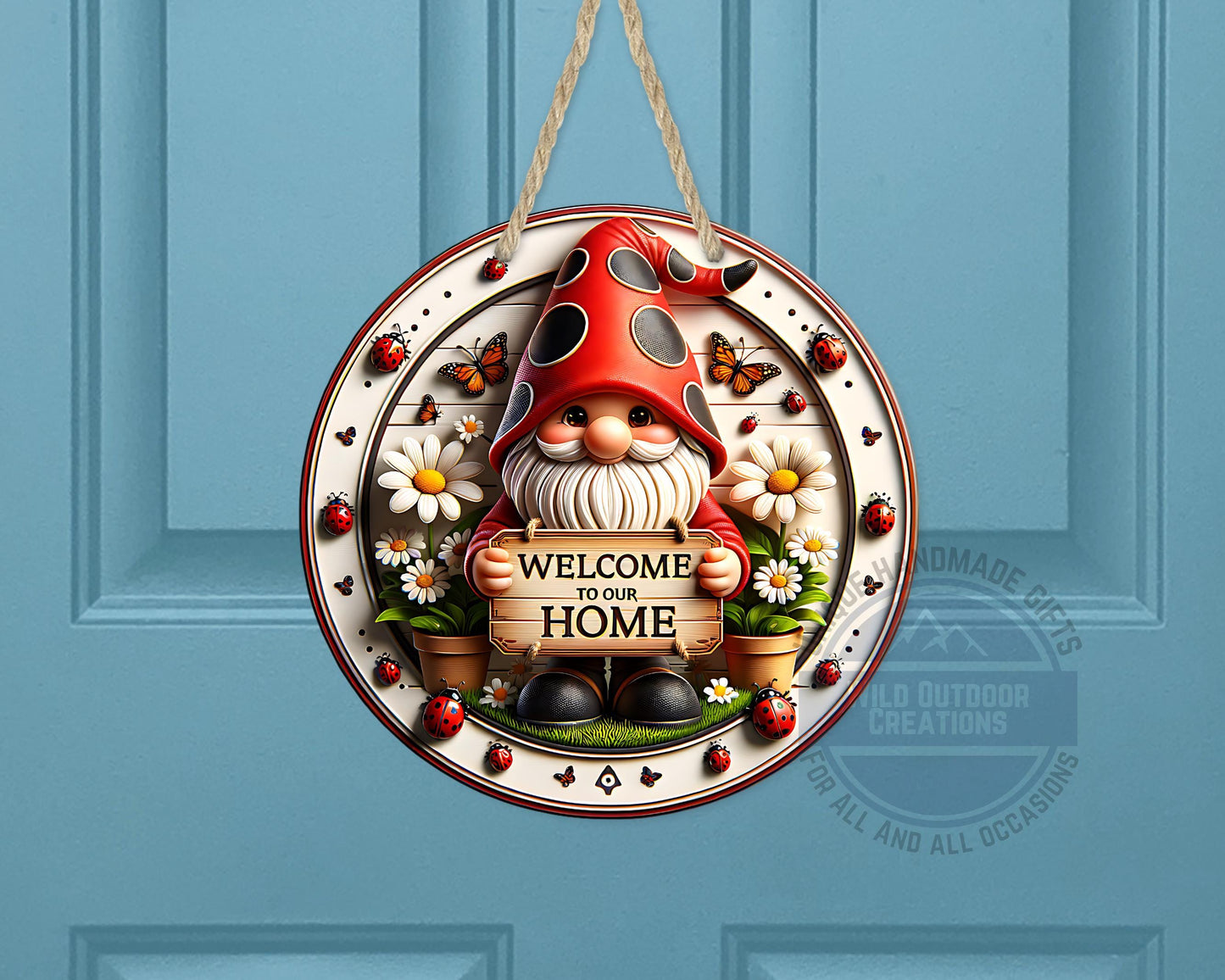 Welcome Gnome Door Hanger - Red Hat Gnome with Daisy & Ladybug Accents - gift presentation view