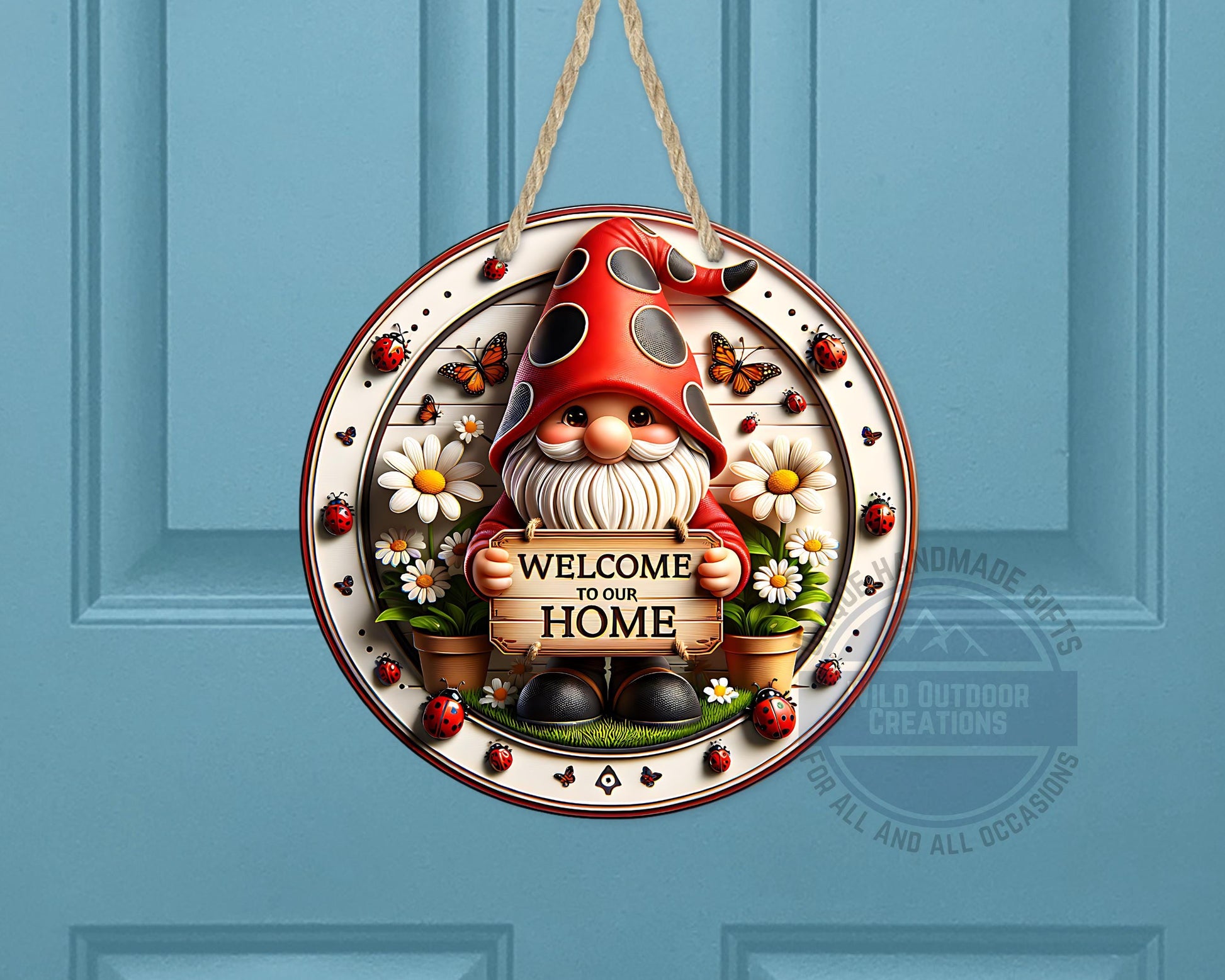Welcome Gnome Door Hanger - Red Hat Gnome with Daisy & Ladybug Accents - gift presentation view