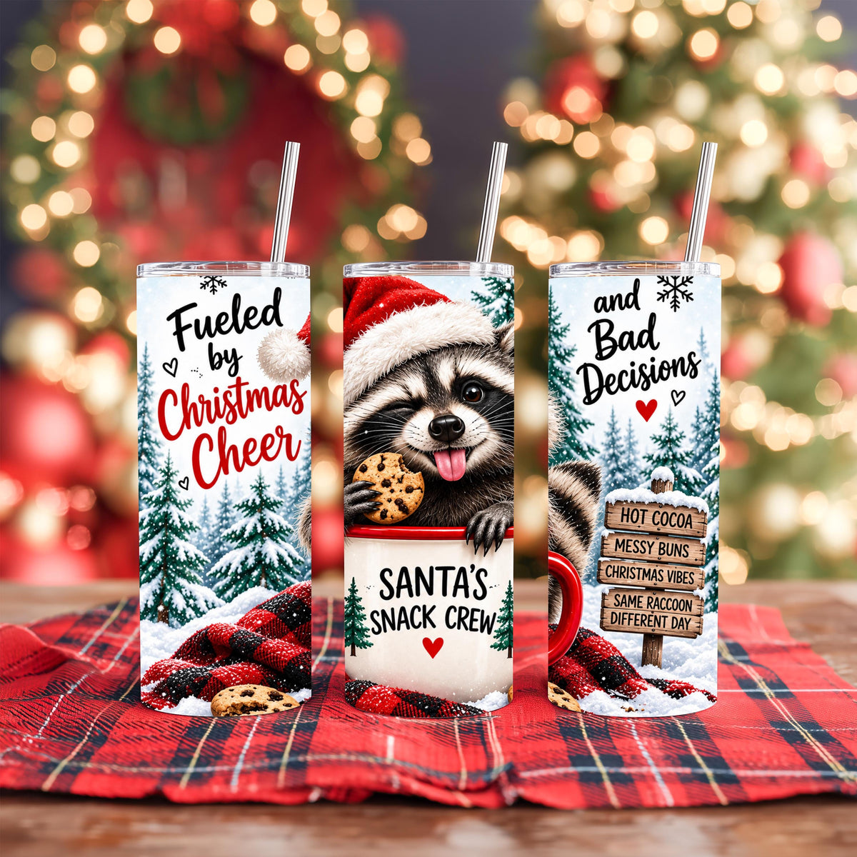 Raccoon Tumbler, 20 Oz Skinny, Buffalo Plaid Santa Hat Gift Cup