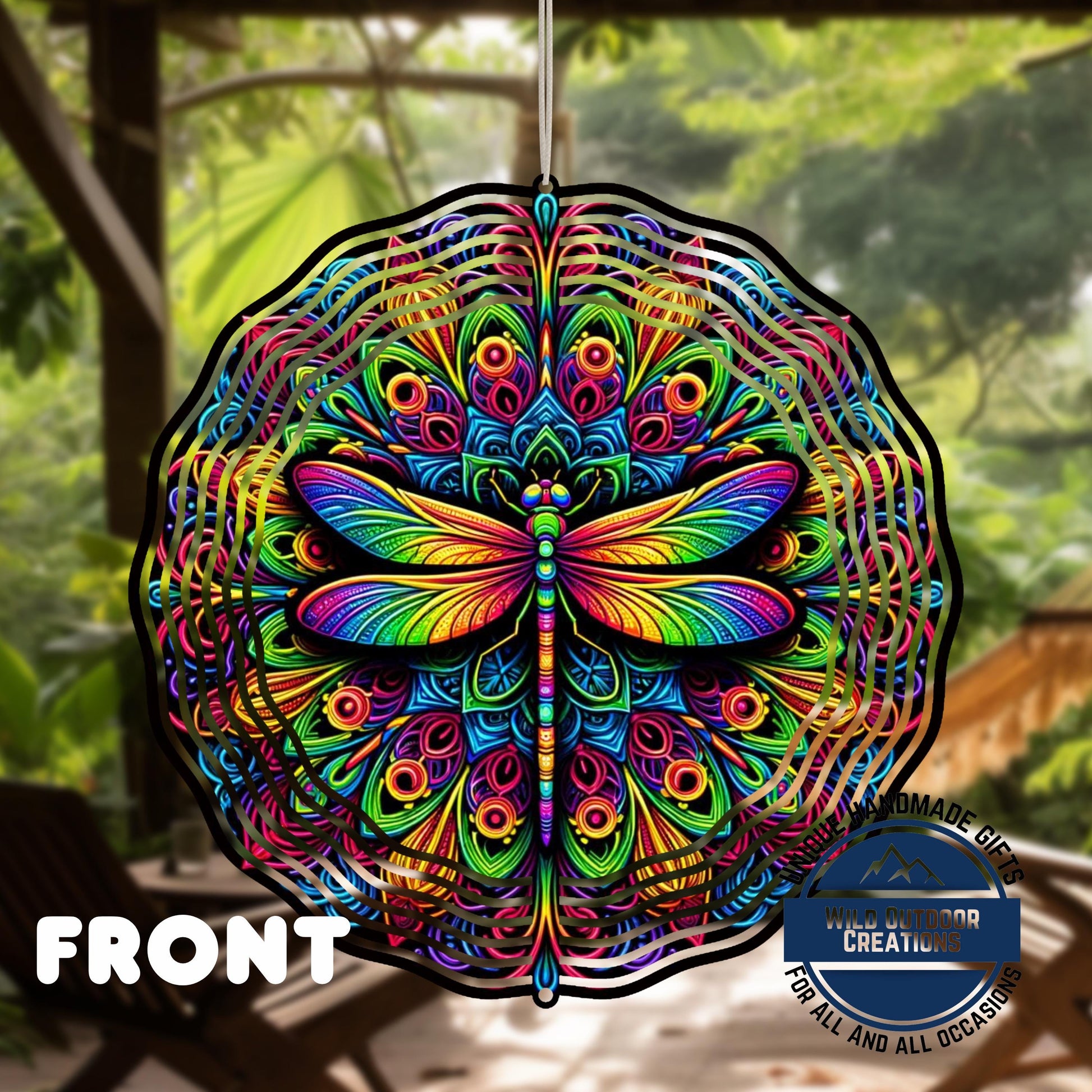 Dragonfly Wind Spinner - Neon Garden Decor | Aluminum Patio Wind Decoration - back side design view